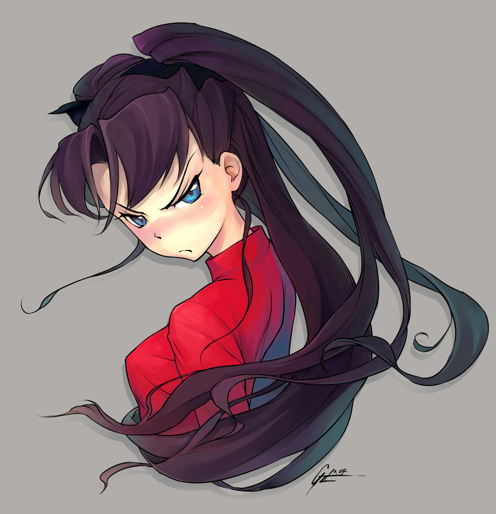 yu li, tohsaka rin, fate/stay night, fate (series), 1girl, angry, black hair, blue eyes, blush, female focus, frown, long hair, looking back, solo, sweater, two side up, upper body