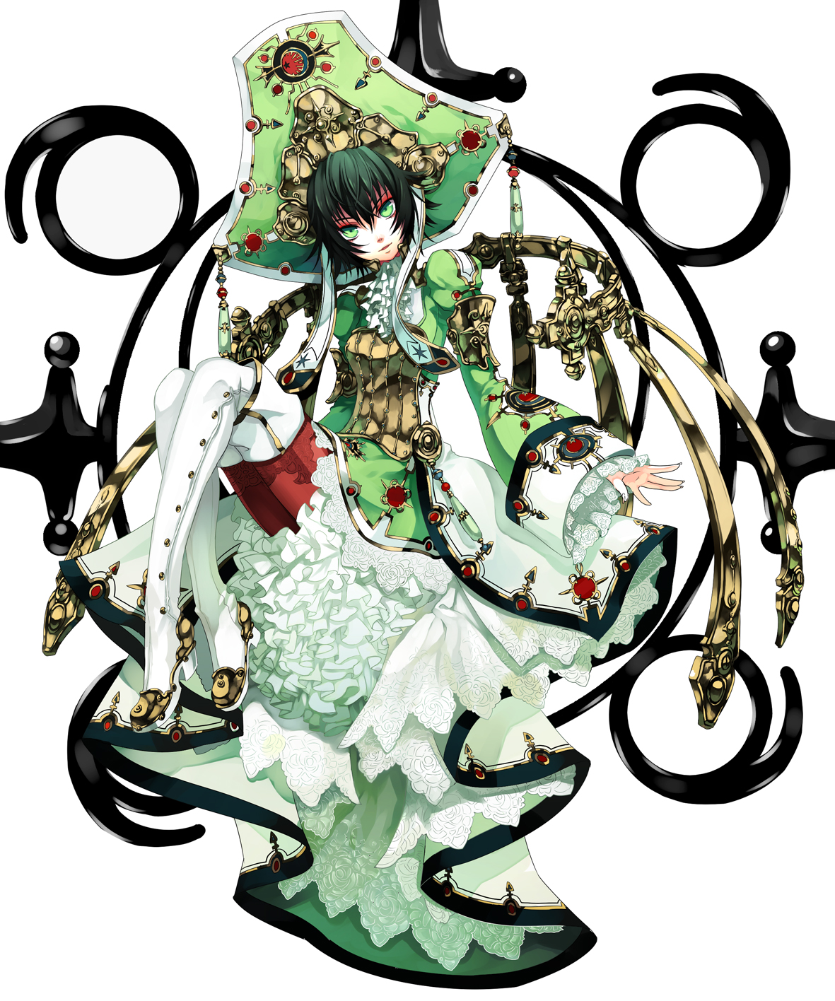osamu (jagabata), seth nightroad, trinity blood, highres, md5 mismatch, resolution mismatch, source larger, 00s, 1girl, androgynous, ascot, black hair, boots, brooch, corset, dress, female focus, flat chest, frills, green eyes, green hair, hat, head tilt, headdress, jewelry, lace, matching hair/eyes, multicolored hair, short hair, simple background, sitting, smile, solo, thigh boots, thighhighs, white thighhighs