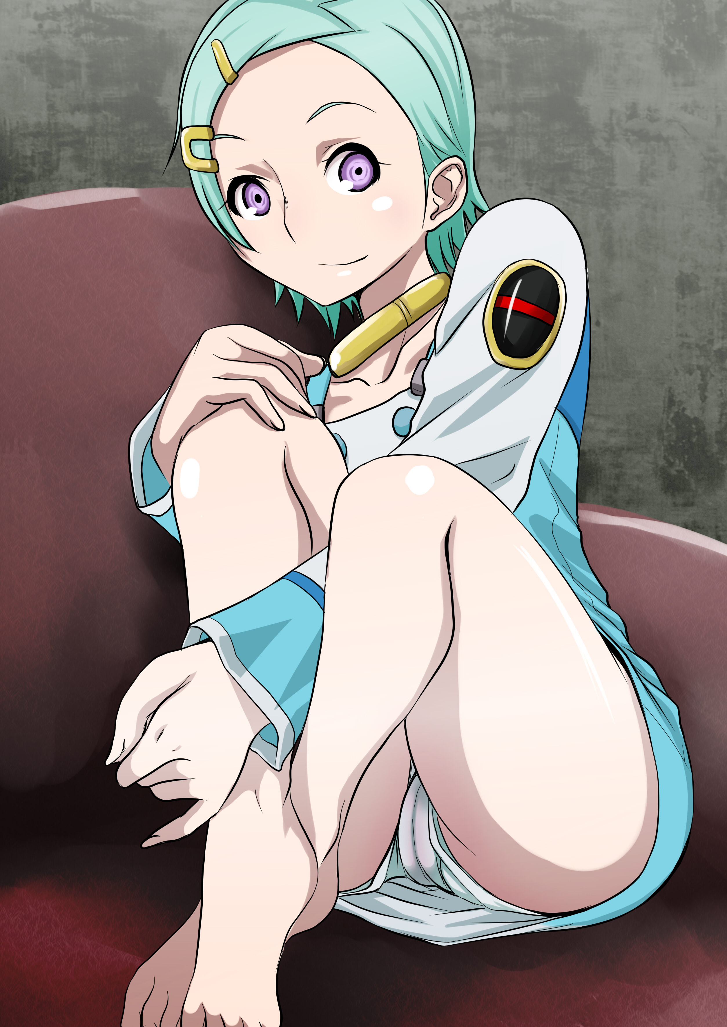 taku-tama, eureka (eureka seven), eureka seven, eureka seven (series), absurdres, highres, 1girl, aqua hair, barefoot, cameltoe, fat mons, feet, female focus, panties, pantyshot, purple eyes, short hair, solo, underwear