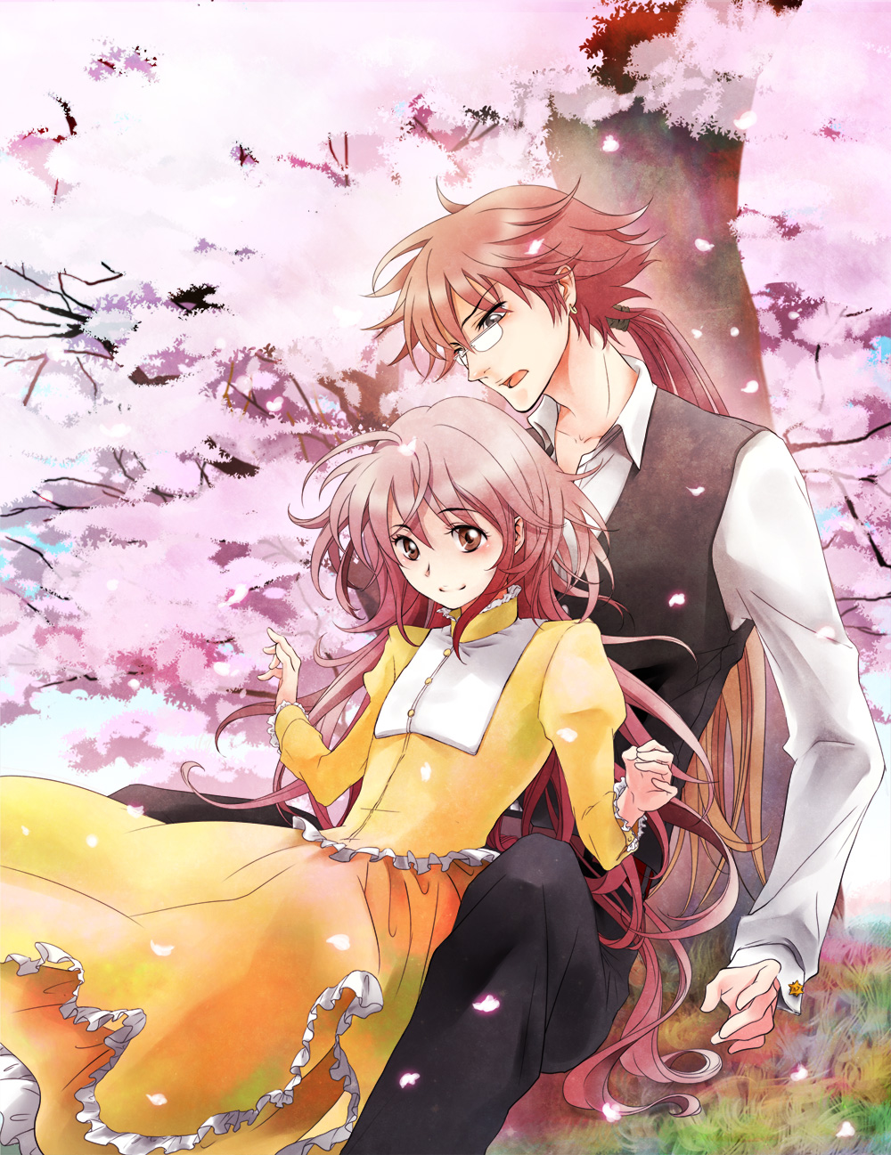 ta ko, fujimoto kiyokazu, hanato kobato, toshihiko (kobato.), kobato., bad id, bad pixiv id, highres, 00s, 1boy, 1girl, brown eyes, brown hair, cherry blossoms, dress, glasses, looking at viewer, pants, shirt, sitting, tree