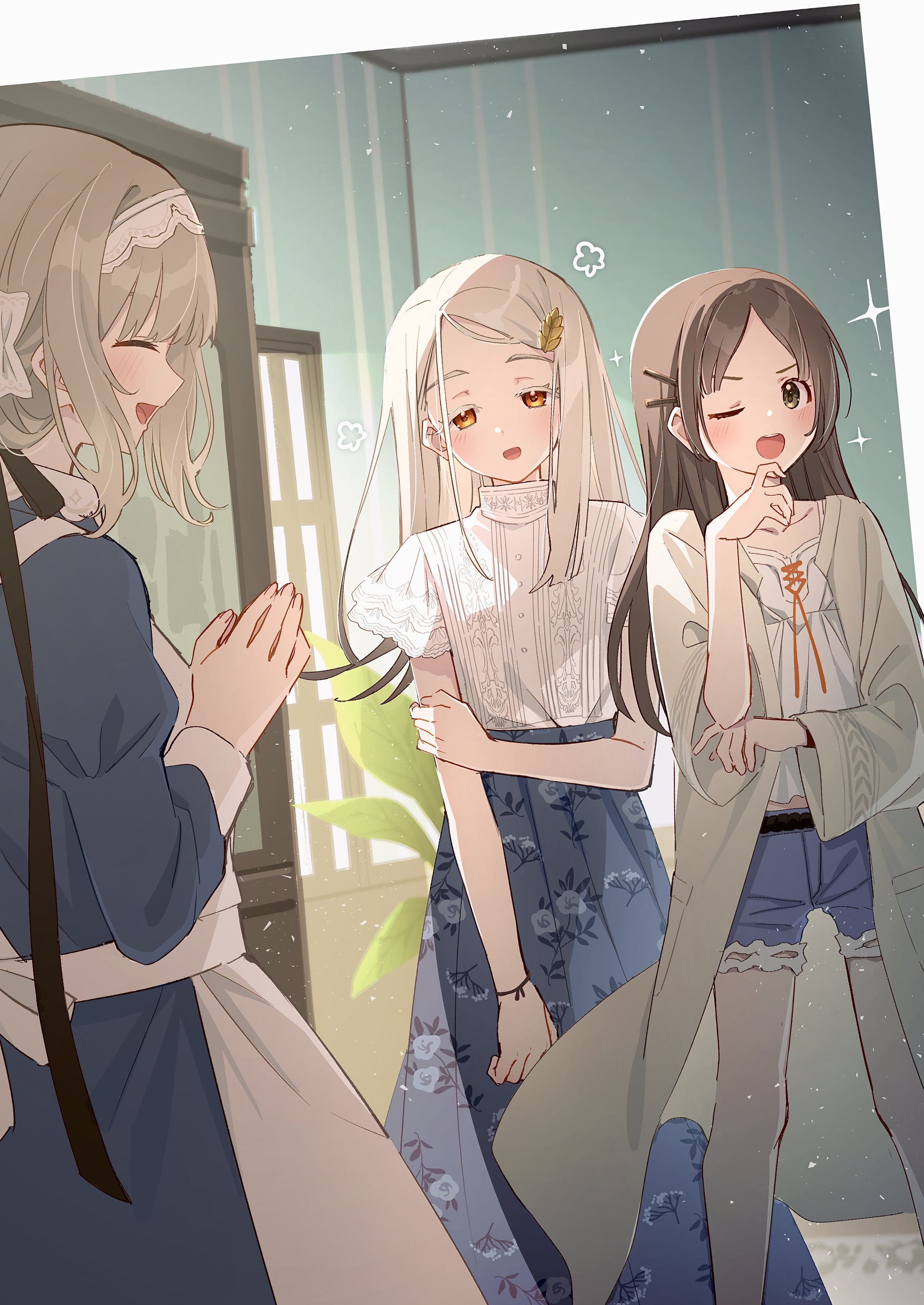 tamago sando, hiwatari kanae, kuramoto china, shinosawa hiro, gakuen idolmaster, idolmaster, absurdres, commentary request, highres, 3girls, ;d, ^ ^, aqua skirt, blonde hair, blush, brown hair, capelet, closed eyes, collarbone, cosplay, costume switch, denim, denim shorts, floral print, grey hair, hairband, indoors, kuramoto china (cosplay), layered sleeves, maid, multiple girls, one eye closed, open mouth, robe, shinosawa hiro (cosplay), shirt, shirt tucked in, short shorts, short sleeves, shorts, skirt, smile, white capelet, white hairband, white robe, white shirt