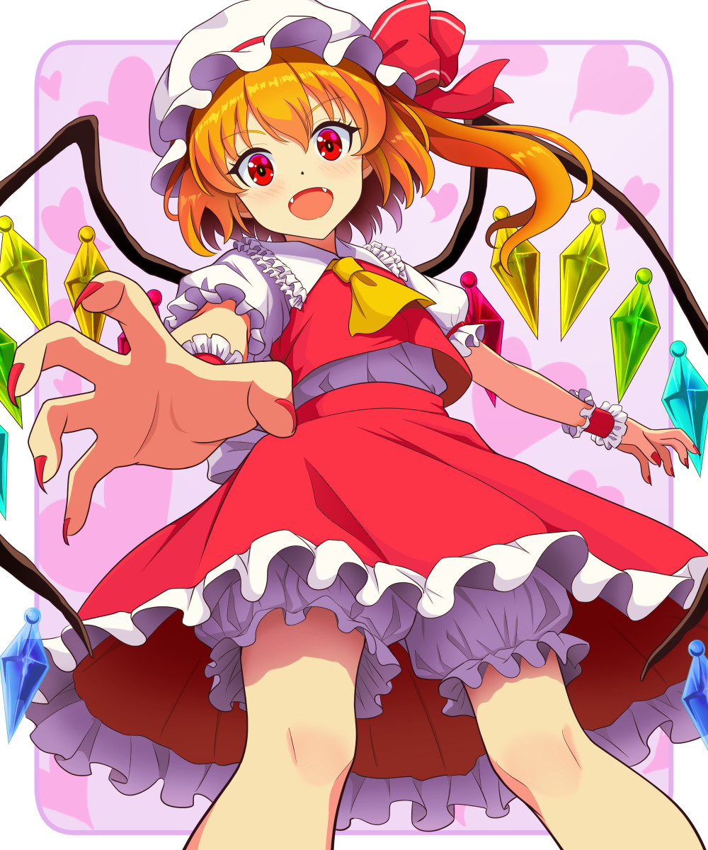 kisaragi koushi, flandre scarlet, touhou, commentary request, highres, 1girl, ascot, blonde hair, bloomers, crystal wings, fangs, fingernails, frilled skirt, frills, hat, heart, heart background, looking at viewer, mob cap, one side up, open mouth, reaching, red eyes, red nails, red skirt, red vest, sharp fingernails, shirt, skirt, smile, solo, underwear, vest, white hat, white shirt, wings, yellow ascot