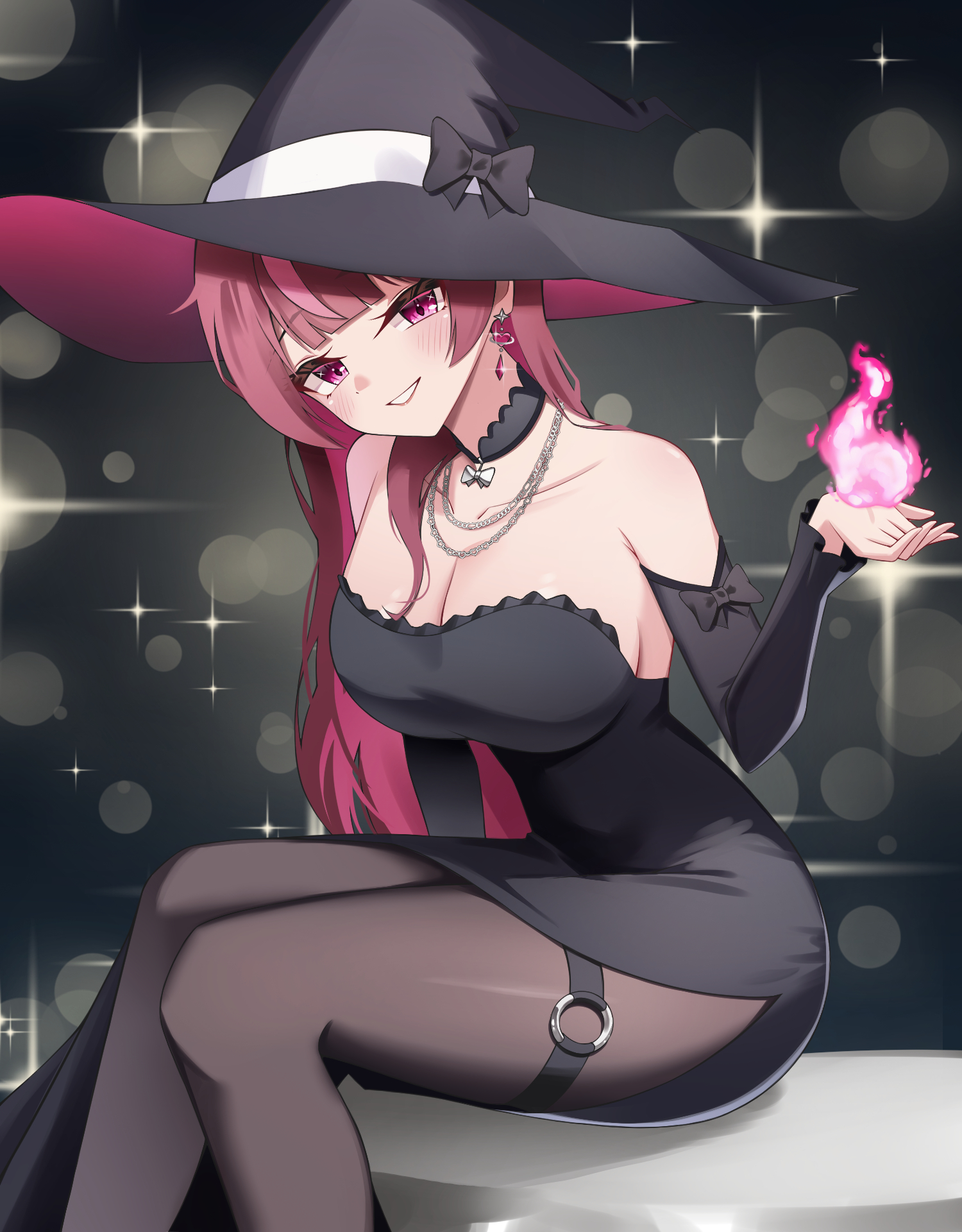 puleudingding, jururu, waktaverse, commentary, highres, korean commentary, 1girl, bare shoulders, black bow, black choker, black dress, black hat, black pantyhose, black sleeves, blush, bow, breasts, brown pantyhose, choker, cleavage, collarbone, detached sleeves, dress, earrings, feet out of frame, fire, grin, hand up, hat, hat bow, jewelry, large breasts, long hair, long sleeves, looking at viewer, multicolored hair, necklace, o-ring, o-ring thigh strap, over-kneehighs, pantyhose, pink eyes, pink hair, purple eyes, purple hair, red hair, side slit, sitting, smile, solo, strapless, strapless dress, streaked hair, thigh strap, thighhighs, virtual youtuber, witch, witch hat