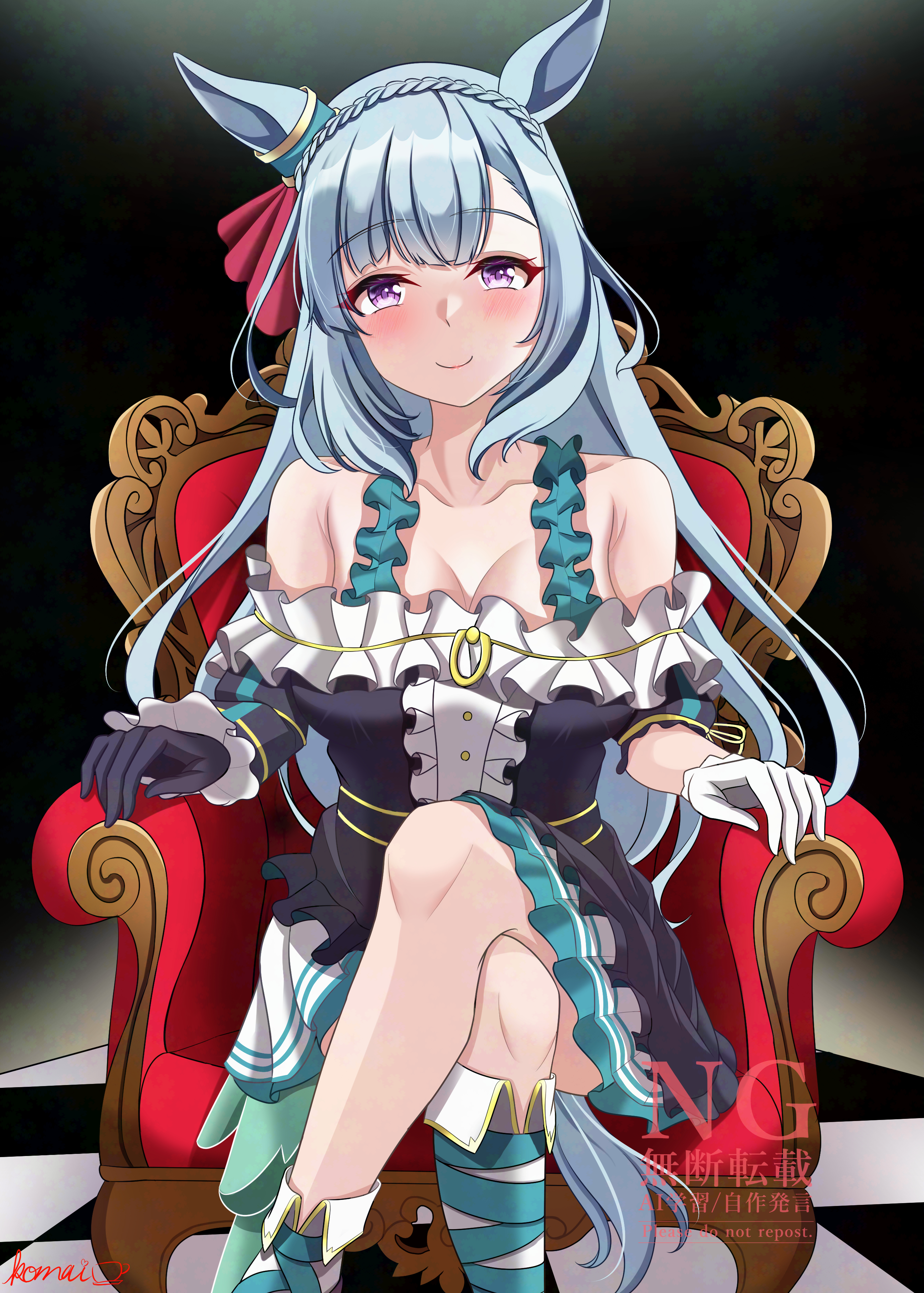 s00h11o13, mejiro ardan (clinochlore line) (umamusume), mejiro ardan (umamusume), umamusume, absurdres, commentary request, highres, 1girl, animal ears, asymmetrical footwear, asymmetrical gloves, asymmetrical sleeves, bare shoulders, black dress, black gloves, blue hair, blush, bow, braid, breasts, center frills, closed mouth, collarbone, crossed legs, crown braid, dress, ear ribbon, frills, gloves, horse ears, horse girl, horse tail, long hair, looking at viewer, medium breasts, mismatched gloves, off-shoulder dress, off shoulder, purple eyes, sitting, smile, solo, tail, white gloves