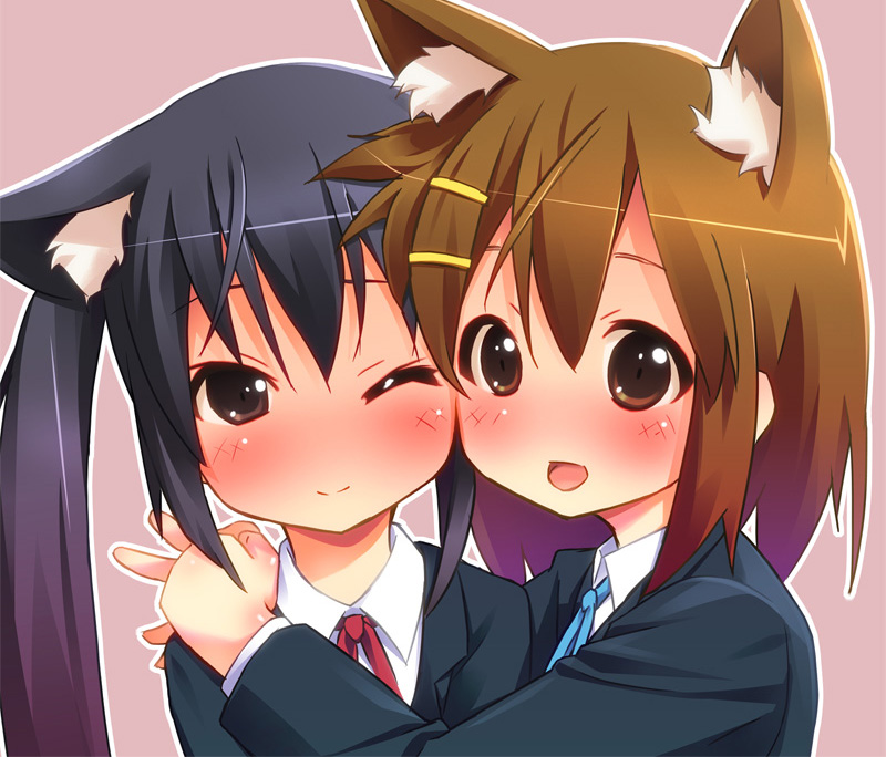 pu-en, hirasawa yui, nakano azusa, k-on!, 2girls, animal ears, black hair, blazer, blush, bow, bowtie, brown eyes, brown hair, cat ears, cat girl, cheek-to-cheek, female focus, happy, heads together, hug, jacket, long hair, multiple girls, neck ribbon, no nose, open mouth, red ribbon, ribbon, school uniform, short hair, smile, twintails, yuri