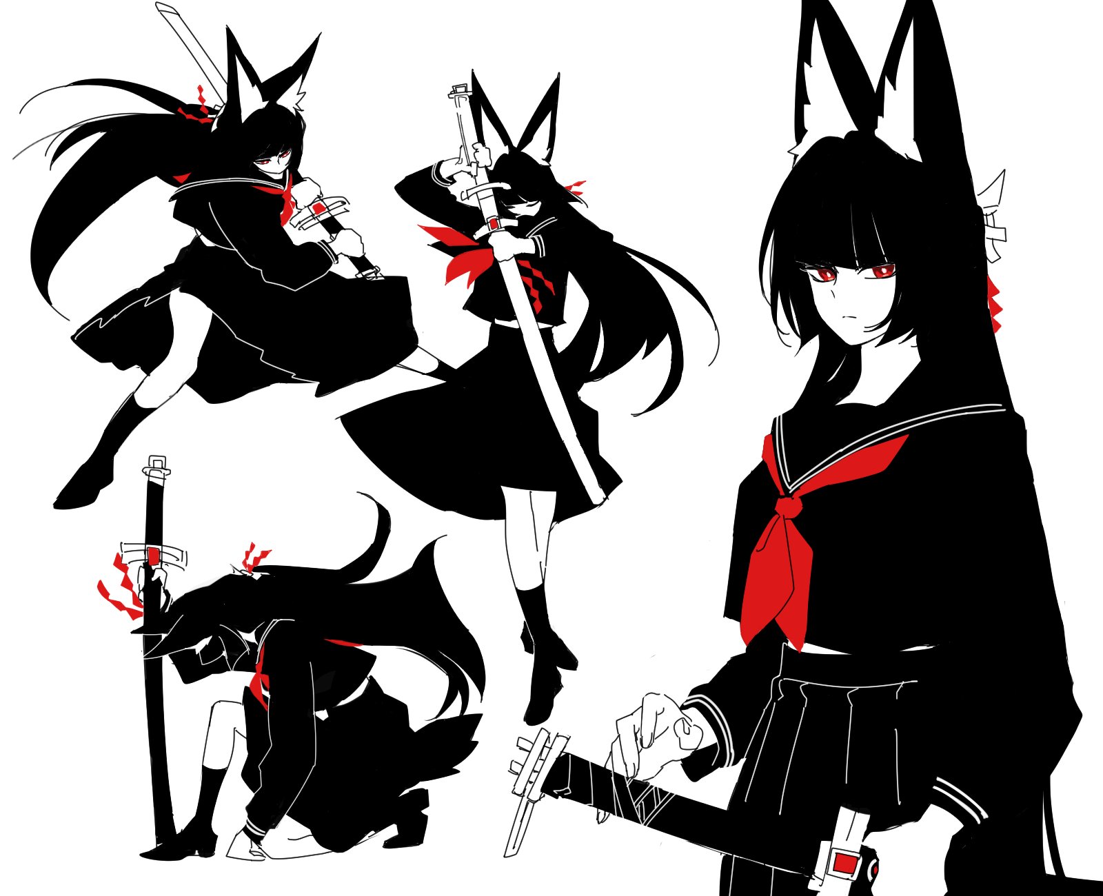 hoshimi miyabi, zenless zone zero, commentary, highres, symbol-only commentary, 1girl, alternate costume, animal ear fluff, animal ears, black hair, black serafuku, black shirt, black skirt, closed eyes, closed mouth, crop top, crop top overhang, fox ears, fox girl, hansam0657, holding, holding sword, holding weapon, katana, long hair, looking at viewer, midriff peek, multiple views, neckerchief, on one knee, red eyes, red neckerchief, school uniform, serafuku, sheath, shirt, simple background, skirt, solo, sword, unsheathing, weapon, white background