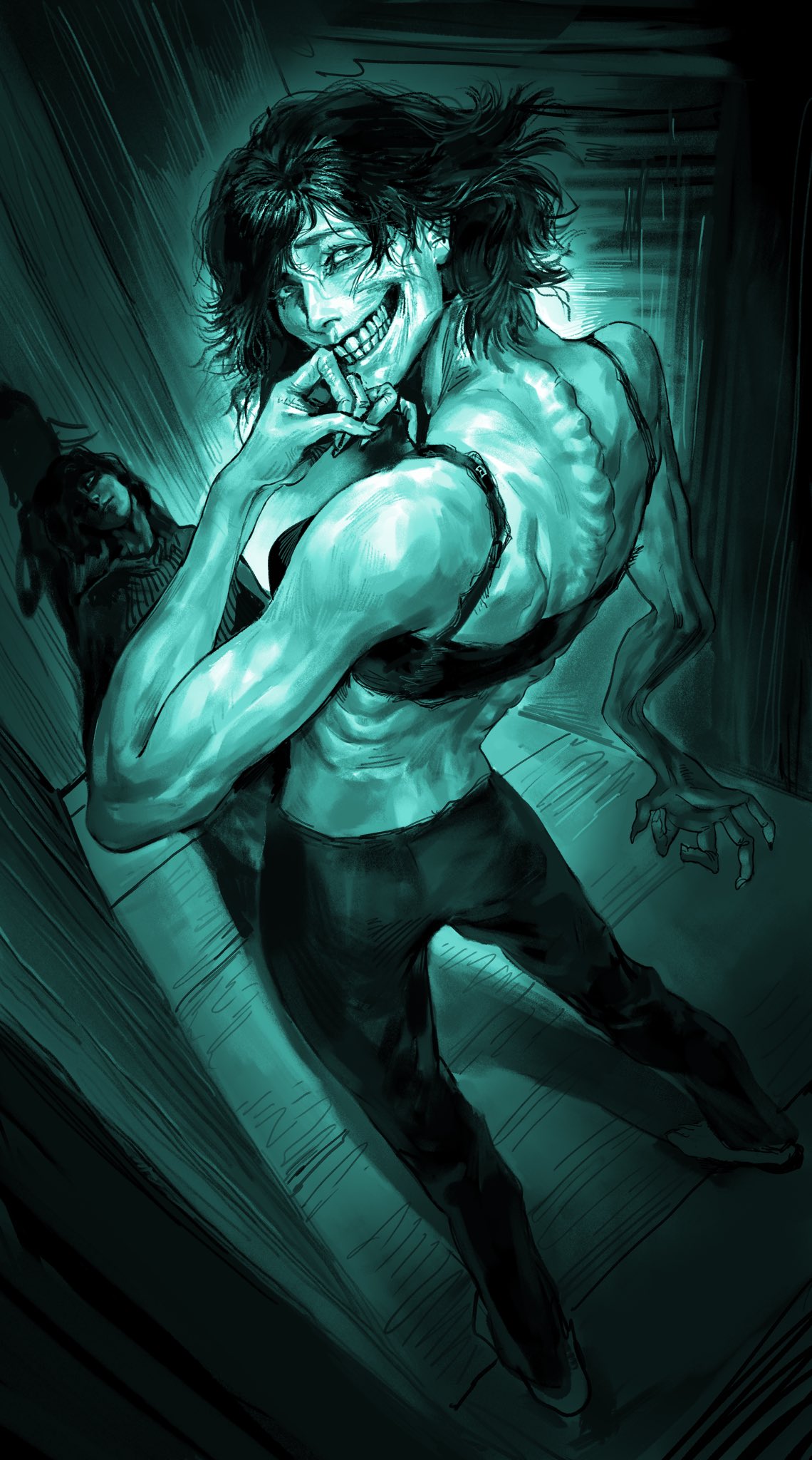 intruder (no i'm not a human), protagonist (no i'm not a human), no i'm not a human, highres, 2girls, against wall, closed mouth, emaciated, evil smile, fingernails, full body, genderswap, genderswap (mtf), indoors, looking at viewer, lying, medium hair, messy hair, monochrome, multiple girls, mutation, one eye in shadow, pants, shaded face, sharp fingernails, shoes, short hair, shuishui0319, smile, spine, sweater, tall female, teeth, turtleneck, turtleneck sweater