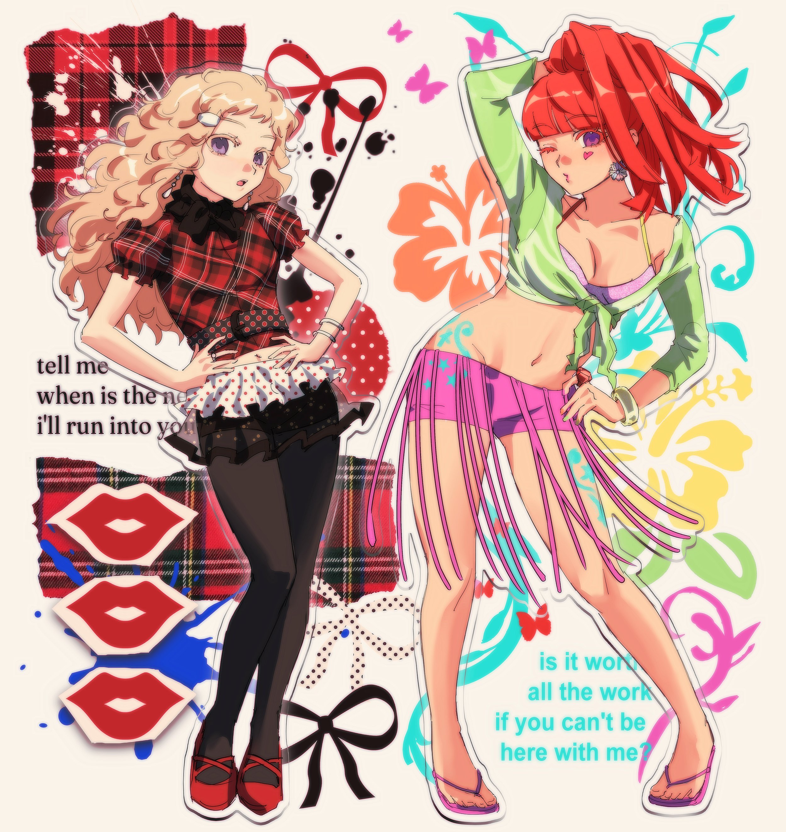 babykatafan, kukrushka (gnosia), pinkpantheress, sq (gnosia), gnosia, real life, absurdres, commentary, english commentary, highres, 2girls, arm behind head, arm up, black pantyhose, black skirt, blonde hair, blue tattoo, blunt bangs, bow, bra, bracelet, breasts, bug, butterfly, colored eyelashes, cosplay, crop top, earrings, english text, feet, flower, flower earrings, full body, green jacket, hair ornament, hairclip, hands on own hips, hibiscus, high ponytail, hip tattoo, insect, jacket, jewelry, long hair, looking at viewer, medium breasts, midriff, multiple girls, navel, one eye closed, open mouth, pantyhose, pink bra, pink shorts, pinkpantheress (cosplay), plaid background, plaid clothes, plaid shirt, ponytail, puckered lips, puffy short sleeves, puffy sleeves, purple eyes, red hair, red shirt, red shoes, ring, sandals, shirt, shoes, short bangs, short sleeves, shorts, simple background, skirt, standing, tattoo, tied jacket, toes, underwear, wavy hair, white background