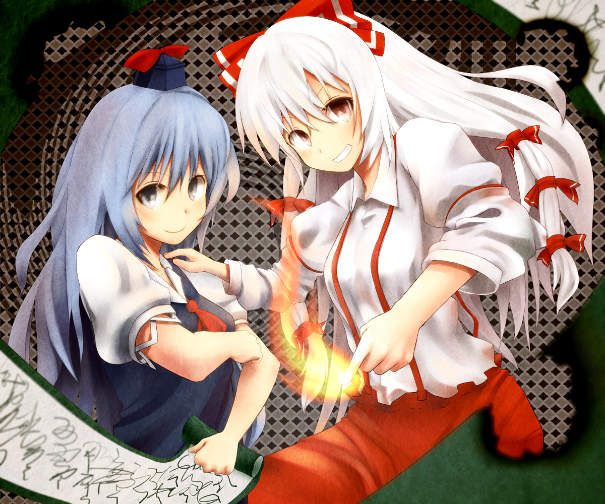 miysin, sin (artist), fujiwara no mokou, kamishirasawa keine, touhou, bad id, bad pixiv id, 2girls, female focus, fire, multiple girls, scroll
