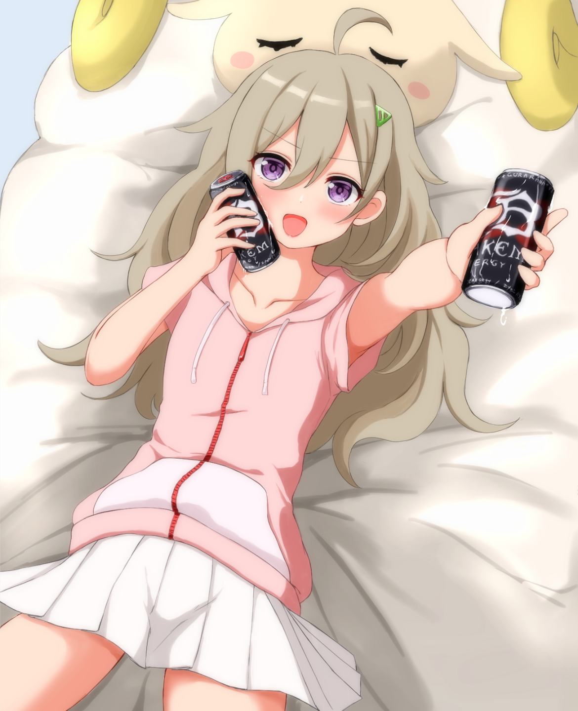 maxima sakuya, higa tsutsuji, hibi wa sugiredo meshi umashi, commentary request, highres, 1girl, :d, ahoge, blush, brown hair, can, collarbone, curly hair, energy drink, hair between eyes, happy, holding, holding can, hood, hood down, hooded shirt, long hair, looking at viewer, lying, on back, open mouth, pink shirt, pleated skirt, purple eyes, shirt, short sleeves, skirt, smile, solo, tassel, white skirt, zipper