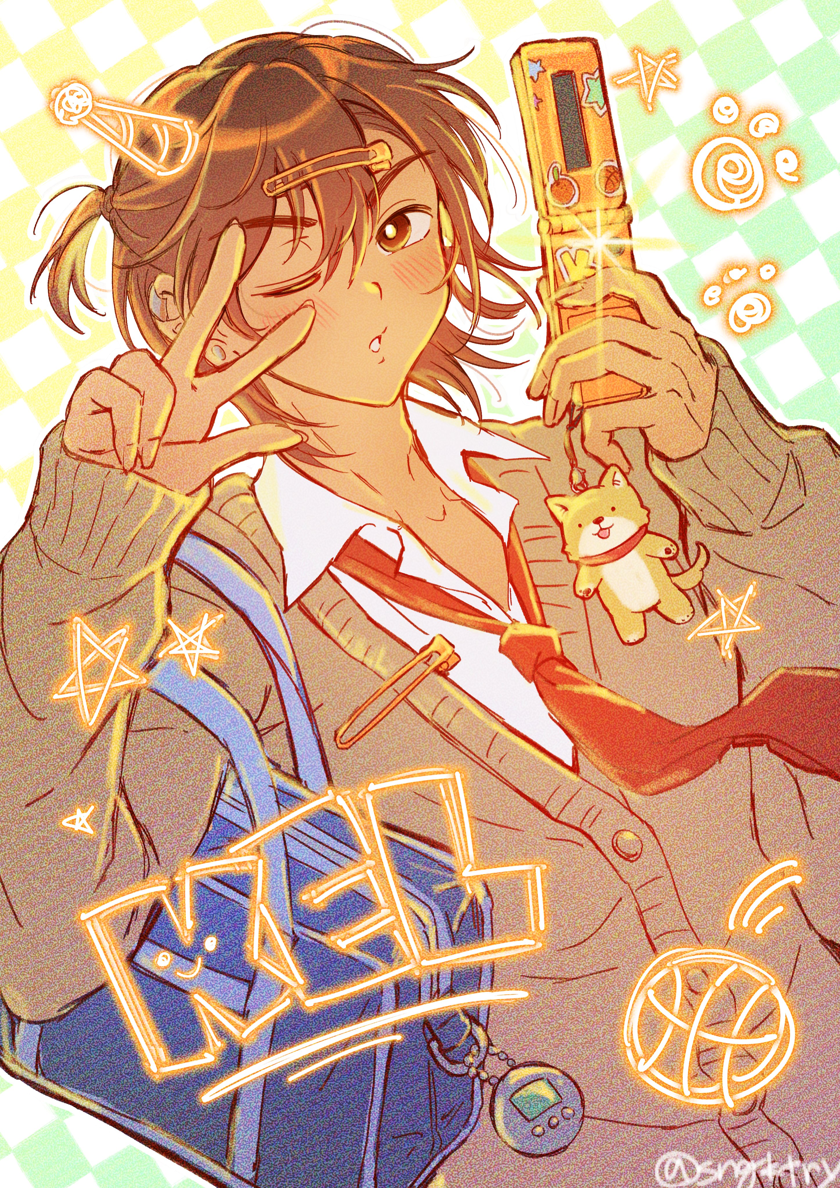 sengokutoroya, hector (omori), kel (faraway) (omori), kel (omori), omori, absurdres, commentary request, highres, 1boy, alternate costume, alternate eye color, bag, blue bag, bright pupils, brown cardigan, brown eyes, brown hair, cardigan, cellphone, cellphone charm, character charm, character name, charm (object), collared shirt, dark-skinned male, dark skin, double-parted bangs, duffel bag, flip phone, hair between eyes, hair ornament, hairclip, holding, holding phone, long sleeves, looking at viewer, male focus, necktie, one eye closed, parted lips, phone, red necktie, shirt, short hair, solo, twitter username, v, v over eye, white pupils, white shirt