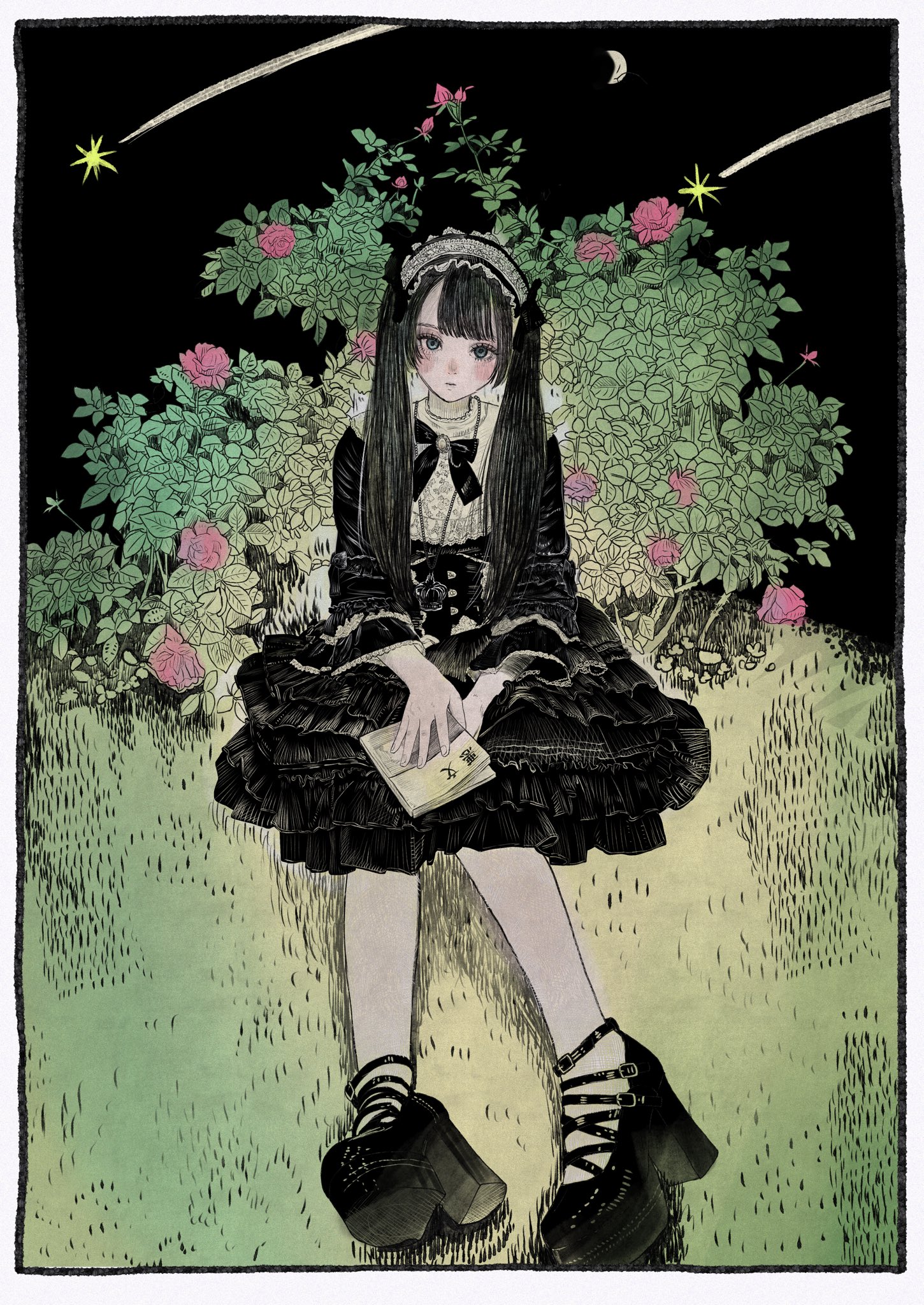 purupurualiens, original, highres, 1girl, belt, black background, black belt, black boots, black dress, black hair, black ribbon, blue eyes, book, boots, border, buttons, closed mouth, crescent, dress, flower, frilled dress, frills, gothic lolita, grass, hair ribbon, hairband, holding, holding book, jewelry, leaf, lolita fashion, lolita hairband, long hair, moon, necklace, red flower, ribbon, sitting, solo, star (sky), twintails, very long hair, white border