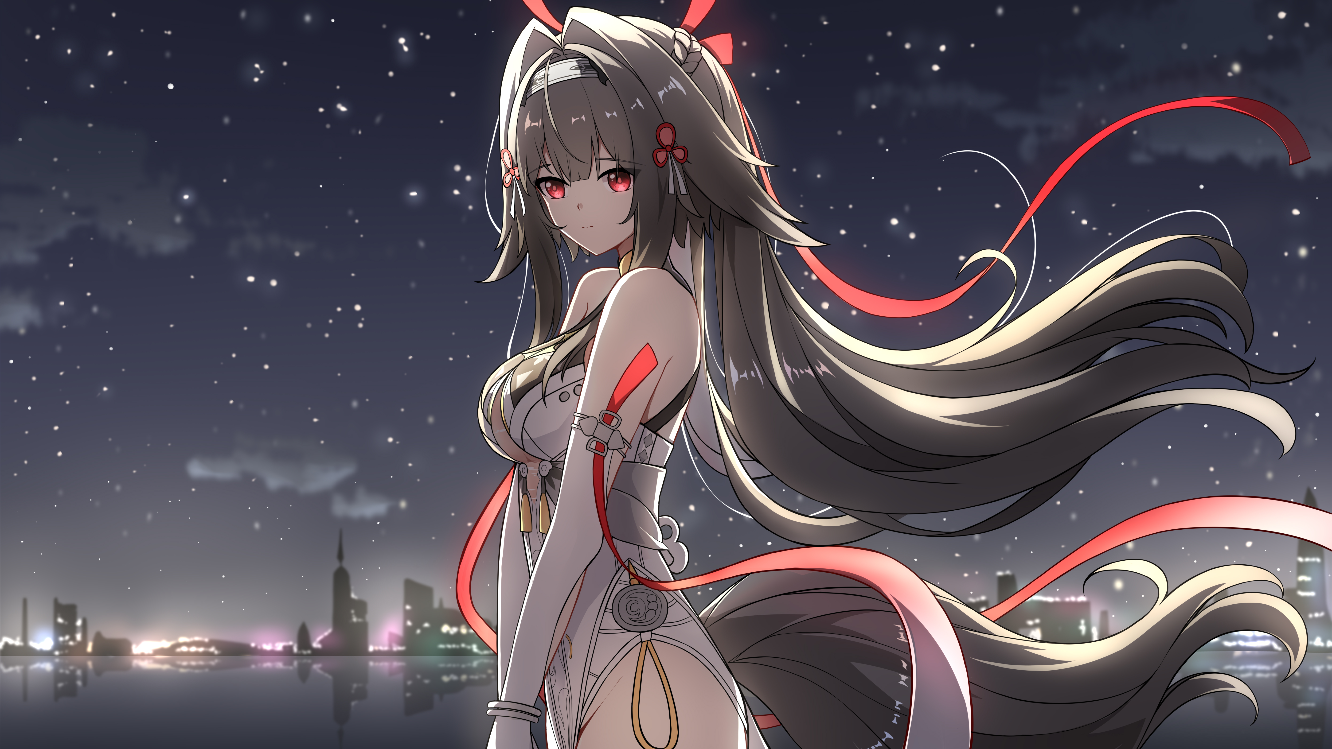 mxirony, ye shunguang, zenless zone zero, absurdres, commentary request, highres, 1girl, animal ears, breasts, brown hair, brown tail, china dress, chinese clothes, city lights, closed mouth, cowboy shot, dress, droopy ears, expressionless, floating hair, from side, hair intakes, hair ornament, hairband, horse ears, horse girl, horse tail, large breasts, long hair, looking at viewer, night, outdoors, red eyes, reflection, reflective liquid, sky, solo, star (sky), starry sky, tail, very long hair, water, white hairband, wind