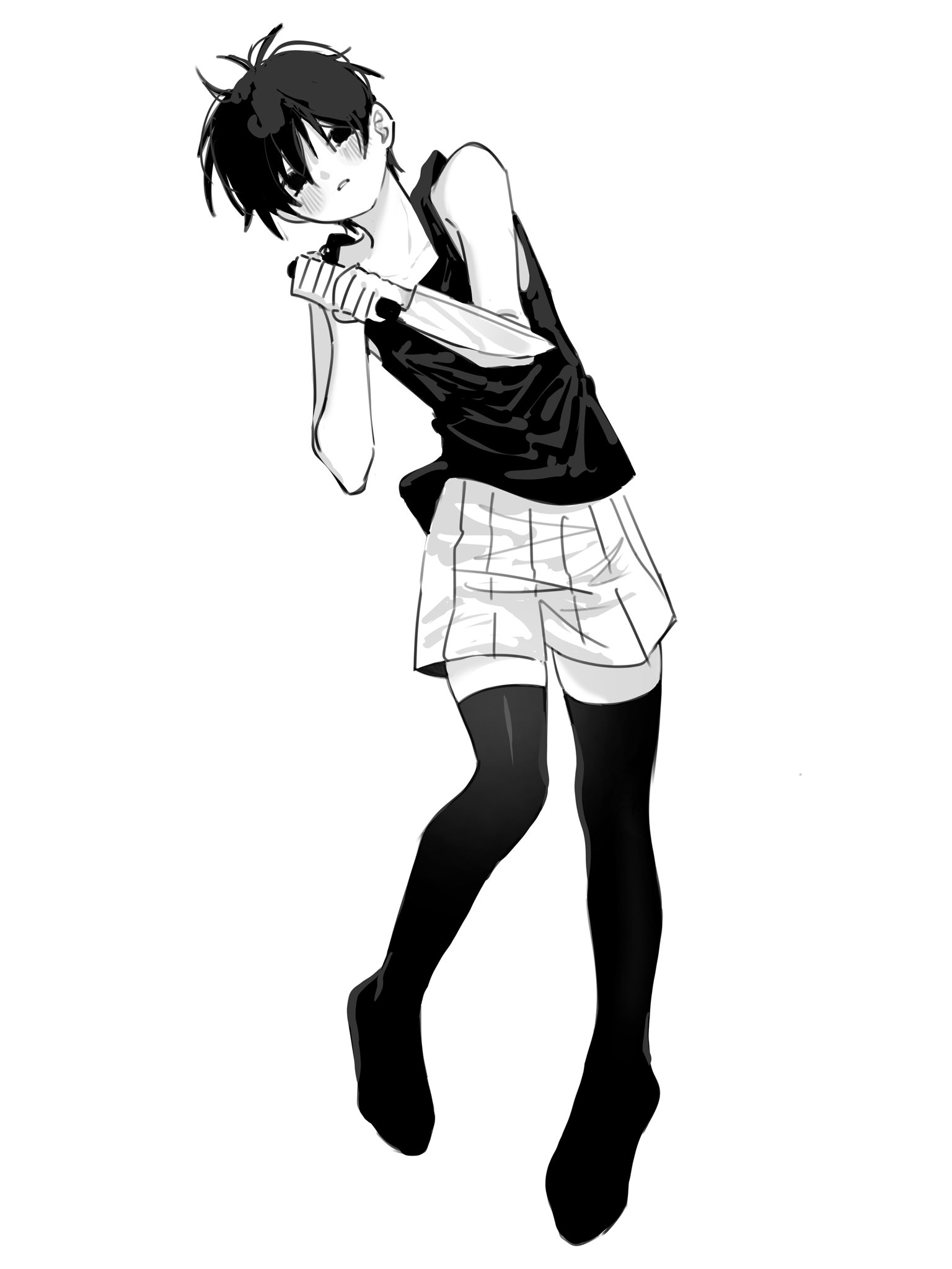 danmuji 07, omori (omori), omori, commentary, highres, symbol-only commentary, 1boy, antenna hair, black eyes, black hair, black tank top, black thighhighs, blush, collarbone, colored skin, full body, looking at viewer, male focus, parted lips, short hair, shorts, simple background, solo, striped clothes, striped shorts, tank top, thighhighs, vertical-striped clothes, vertical-striped shorts, white background, white shorts, white skin