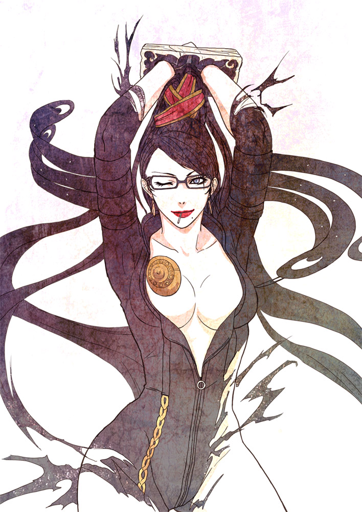 ganriki, bayonetta, bayonetta (series), bayonetta 1, 1girl, arms up, bdsm, black hair, blue eyes, bodysuit, bondage, bound, breasts, cleavage, cuffs, earrings, eyelashes, female focus, glasses, glsses, grey eyes, hair bun, handcuffs, jewelry, large breasts, lipstick, long hair, makeup, mole, mole under mouth, one eye closed, red ribbon, ribbon, single hair bun, solo, unzipped, very long hair, wink