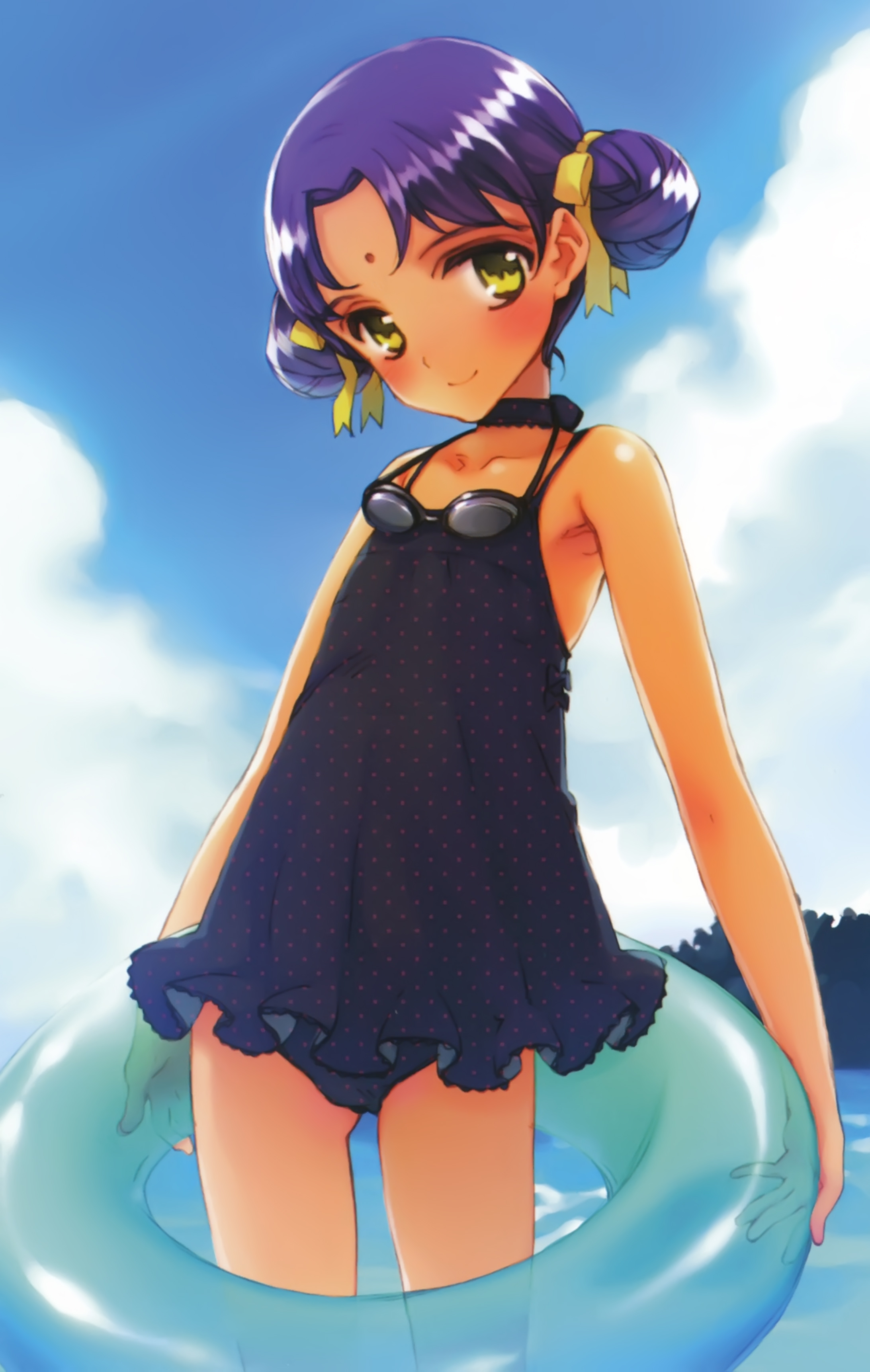 ooyari ashito, ooshiro chitose, oshiro chitose, littlewitch, period, period sweet drops, frilled swimsuit, absurdres, highres, 1girl, aged down, armpits, bindi, blush, child, choker, cloud, dark-skinned female, dark skin, day, double bun, female focus, flat chest, frills, goggles, goggles around neck, hair bun, hair ribbon, innertube, one-piece swimsuit, outdoors, polka dot, polka dot swimsuit, purple hair, ribbon, see-through clothes, short hair, sky, smile, solo, solo focus, standing, swim ring, swimsuit, wading, water, yellow eyes