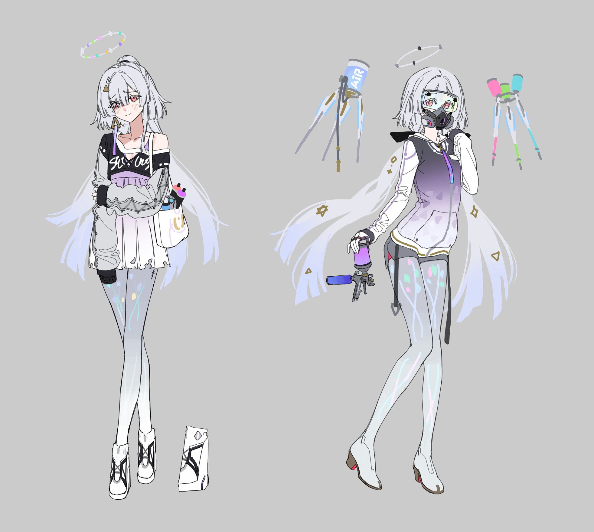 dl (dl 6ix), mornye (wuthering waves), wuthering waves, commentary request, highres, korean commentary, 1girl, alternate costume, alternate hairstyle, black shirt, blush, closed mouth, collarbone, gas mask, grey hair, halo, hand on own arm, hand up, long hair, looking at viewer, mask, multiple views, ponytail, purple skirt, red eyes, reference sheet, robot, shirt, skirt, smile, standing