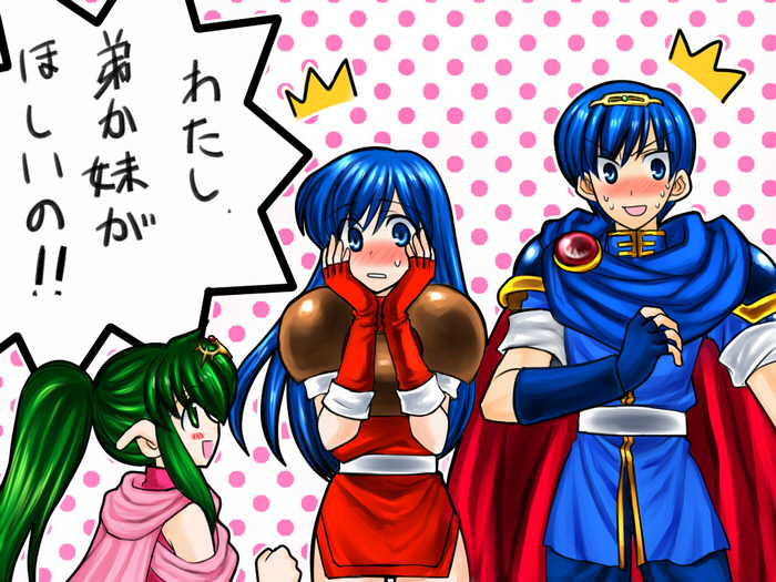 bo (774berry), caeda (fire emblem), marth (fire emblem), tiki (fire emblem), tiki (young) (fire emblem), fire emblem, fire emblem: mystery of the emblem, fire emblem: shadow dragon, nintendo, translated, 1boy, 2girls, ^^^, armor, blue eyes, blue hair, blush, cape, embarrassed, fingerless gloves, gloves, green hair, hair ornament, hands on own face, long hair, multiple girls, open mouth, pointy ears, ponytail, scarf, smile, surprised, sweatdrop