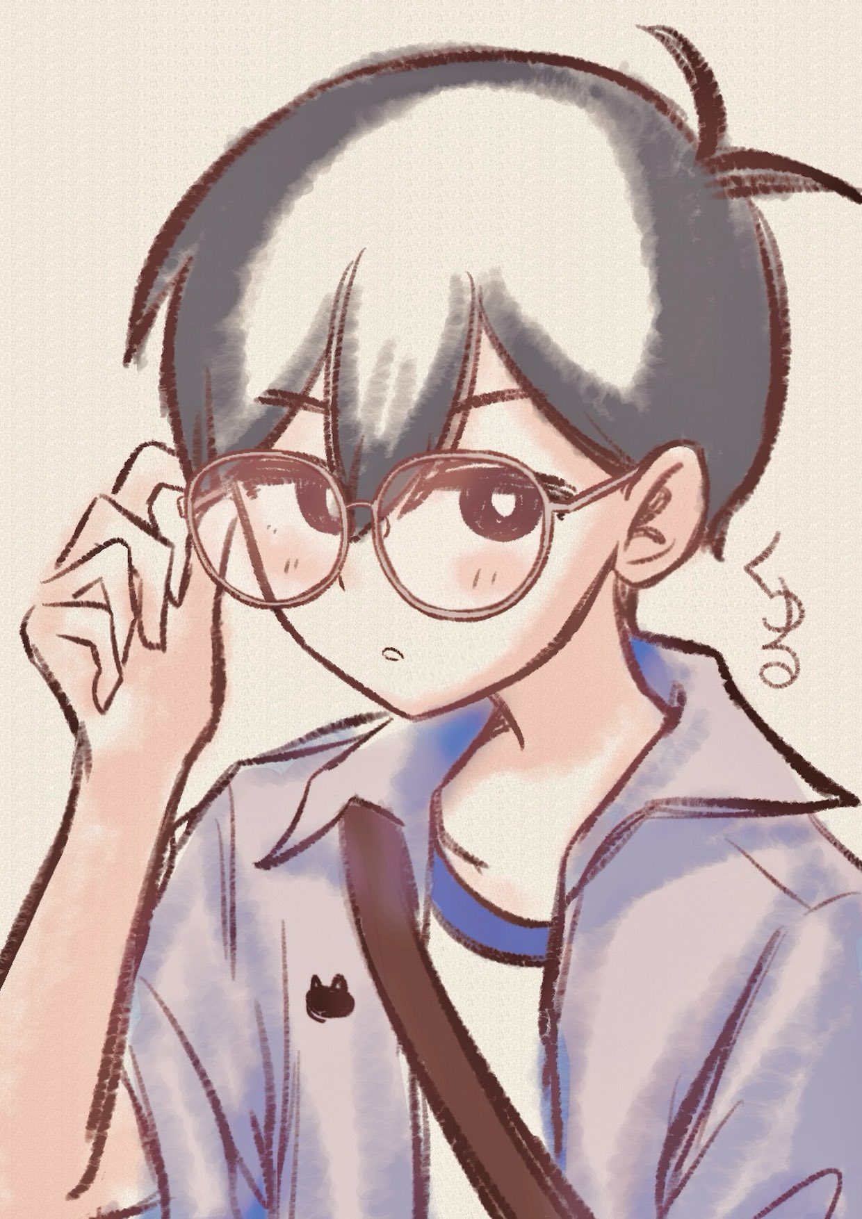 yu kuli, mewo, sunny (birthday) (omori), sunny (omori), omori, commentary request, hashtag-only commentary, highres, 1boy, adjusting eyewear, antenna hair, artist name, bespectacled, black eyes, black hair, blue jacket, blush, bright pupils, brown-framed eyewear, collared jacket, double-parted bangs, glasses, grey background, hair between eyes, jacket, looking at viewer, male focus, official alternate costume, open clothes, open jacket, parted lips, short hair, simple background, solo, upper body, white pupils