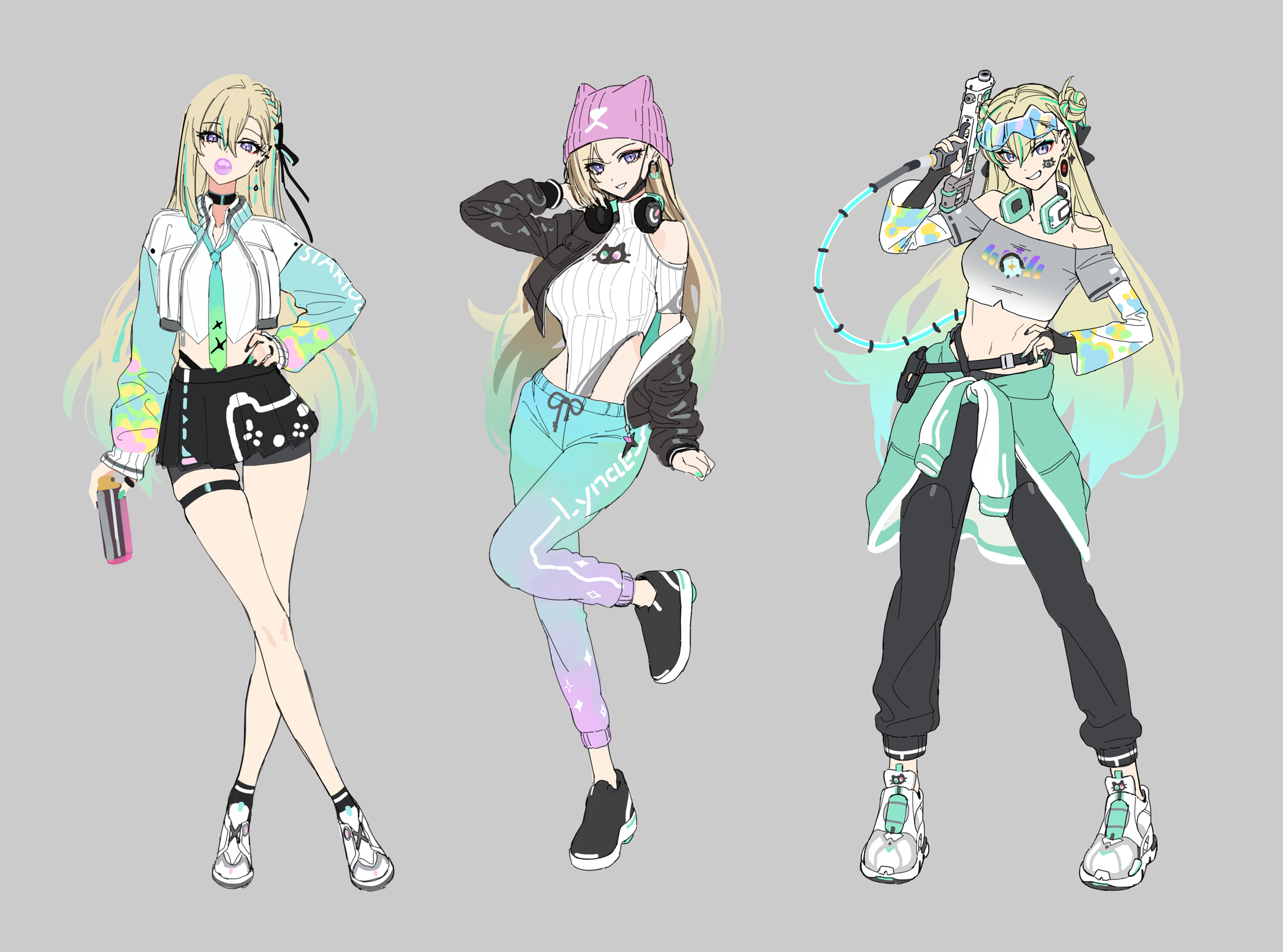 dl (dl 6ix), lynae (wuthering waves), wuthering waves, commentary request, highres, korean commentary, 1girl, alternate costume, bare shoulders, black jacket, black pants, black skirt, blonde hair, blowing bubble gum, breasts, chewing gum, clothes around waist, crop top, earrings, goggles, goggles on head, gradient hair, gradient pants, green hair, grey background, grey shirt, grin, hand on own hip, hand up, hat, holding, holding spray can, jacket, jewelry, looking at viewer, medium breasts, multicolored hair, multiple views, off-shoulder shirt, off shoulder, pants, pink hat, purple eyes, reference sheet, shirt, shoes, simple background, skirt, smile, spray can, star (symbol), star earrings, sticker, sticker on face, white shirt, white shoes