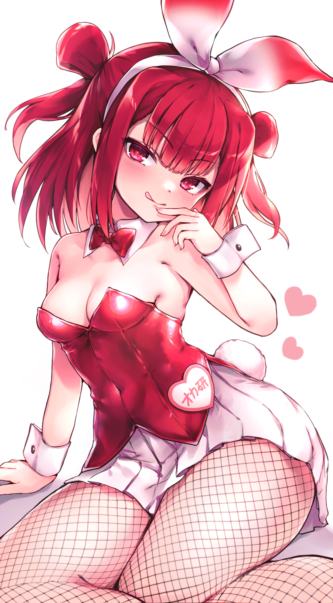 mashimashiyasai, umegiri ameto, beatmania iidx, bemani, absurdres, commentary request, highres, 1girl, blush, bow, bowtie, breasts, cleavage, fake tail, fishnet pantyhose, fishnets, hairband, heart, licking lips, long hair, looking at viewer, pantyhose, pink eyes, playboy bunny, pleated skirt, rabbit tail, red bow, red bowtie, red hair, red shirt, shirt, simple background, sitting, skirt, sleeveless, sleeveless shirt, small breasts, tail, thighs, tongue, tongue out, two side up, white background, white skirt, wide hips, wrist cuffs