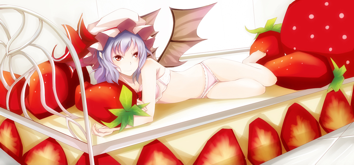 cheshuilishang, remilia scarlet, touhou, light purple hair, 1girl, barefoot, bat wings, bra, cake, female focus, food, fruit, girl on food, hat, in food, lingerie, mini person, minigirl, panties, pastry, red eyes, short hair, solo, strawberry, strawberry shortcake, underwear, underwear only, wings