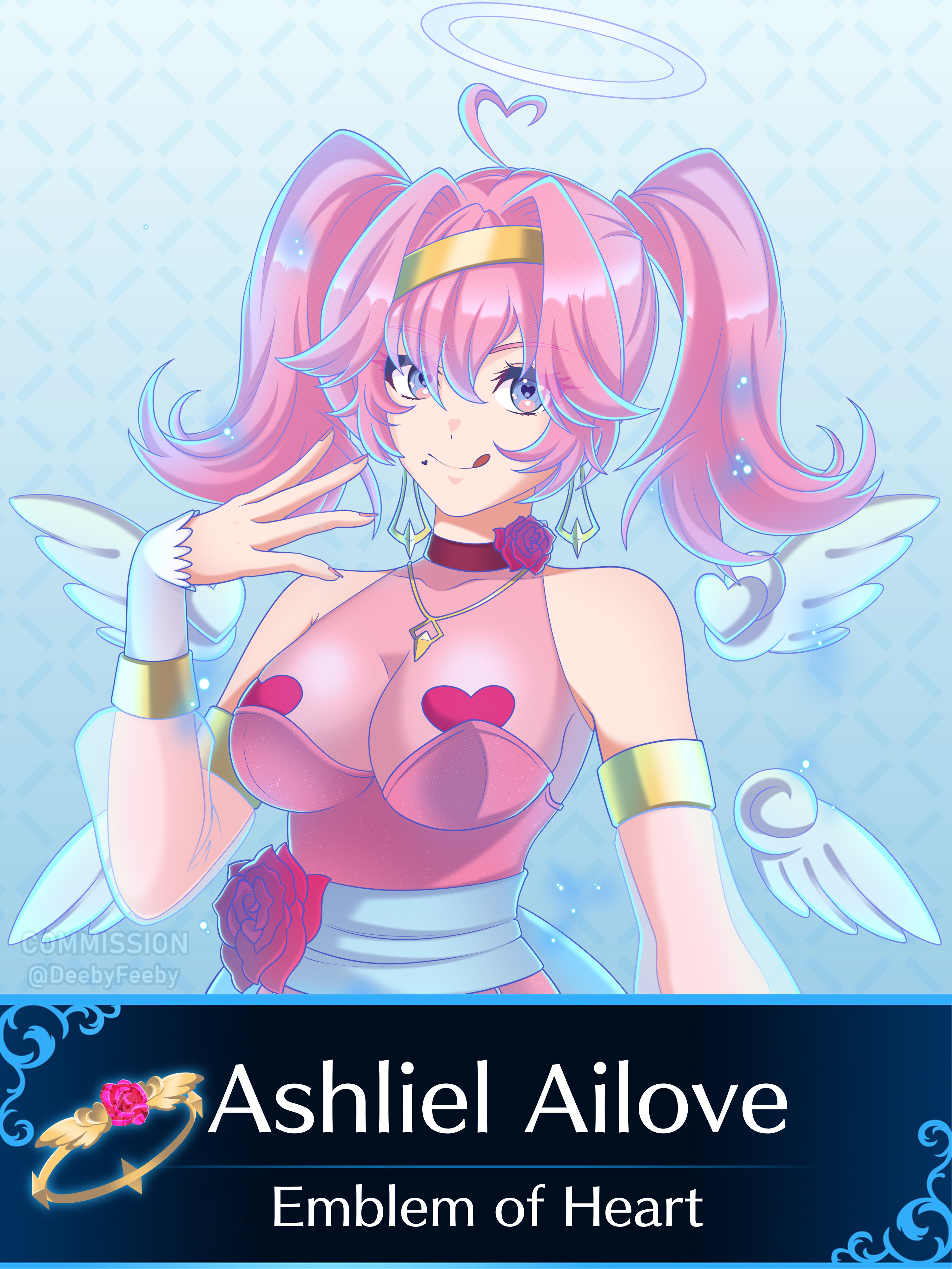 deebyfeeby, ashliel ailove, fire emblem, fire emblem engage, nintendo, absurdres, commission, highres, 1girl, ahoge, angel, armband, blue sash, bodysuit, bow, bow earrings, breasts, choker, cupid, detached sleeves, detached wings, earrings, emblem (fire emblem engage), eyeshadow, facial mark, gold armband, gold headband, gradient eyes, halo, headband, heart, heart-shaped mole, heart-shaped pupils, heart ahoge, heart facial mark, heart pasties, jewelry, large breasts, makeup, mole, mole under mouth, multicolored eyes, pasties, pendant, pink bodysuit, pink hair, ring, sash, see-through clothes, short twintails, sleeveless, solo, symbol-shaped pupils, thighhighs, twintails, vir2alverse, virtual youtuber, white thighhighs, wide hips, wings