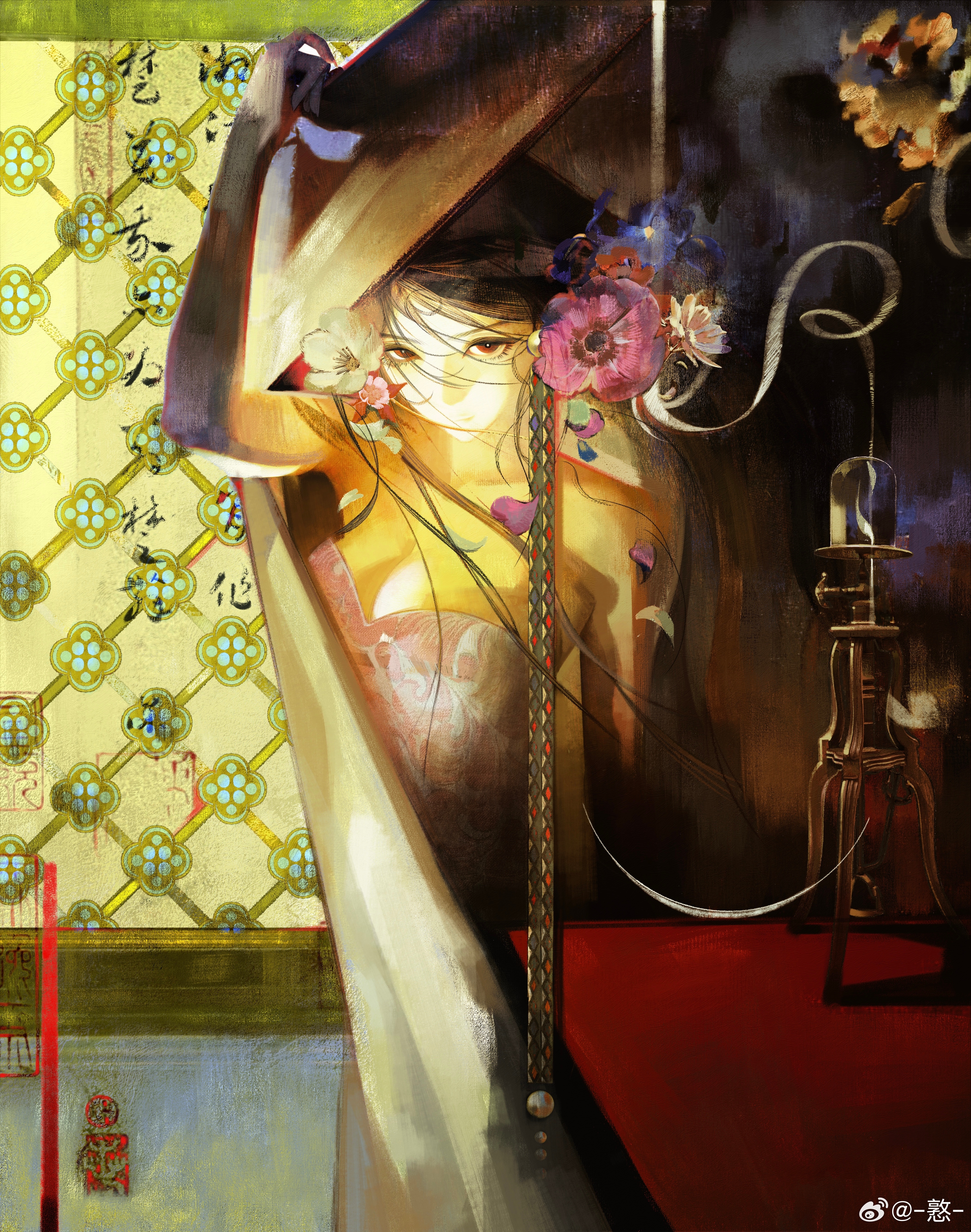 sbgpand, original, absurdres, chinese commentary, commentary request, highres, procreate (medium), variant set, 1girl, arm up, bare shoulders, black eyeliner, black gloves, black hair, breasts, cleavage, closed mouth, collarbone, curtain grab, curtains, diamond print, dress, elbow gloves, eyeliner, fading, falling petals, fingernails, floating hair, flower, gloves, hair between eyes, hair flower, hair ornament, hair ribbon, incense, incense burner, indoors, large breasts, light smile, long fingernails, long hair, looking at viewer, makeup, orange eyes, pearl hair ornament, petals, pink dress, pink flower, pink petals, print dress, print ribbon, purple flower, red flower, ribbon, sanpaku, sidelighting, smoke, smoke trail, solo, strapless, strapless dress, wallpaper (object), watermark, weibo watermark, white flower