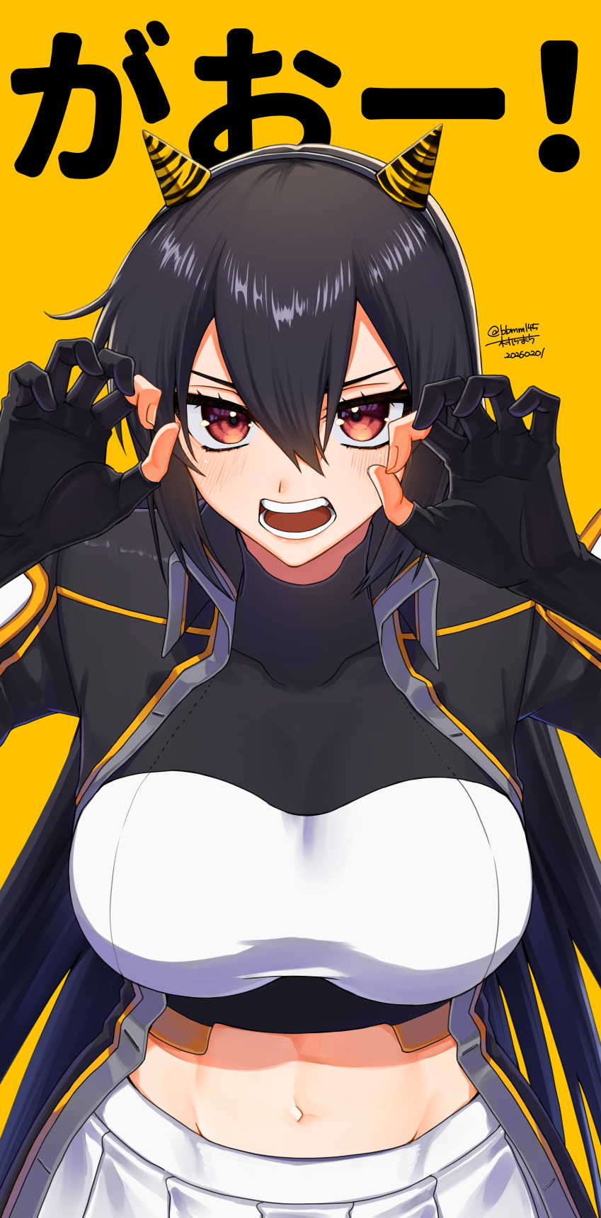 murano machi, nagato (kancolle), nagato kai ni (kancolle), kantai collection, commentary request, highres, translation request, 1girl, arms up, black coat, black gloves, black hair, breasts, coat, dated, elbow gloves, gloves, hair between eyes, large breasts, long coat, long hair, looking at viewer, open mouth, partially fingerless gloves, red eyes, simple background, skirt, solo, twitter username, white skirt, yellow background