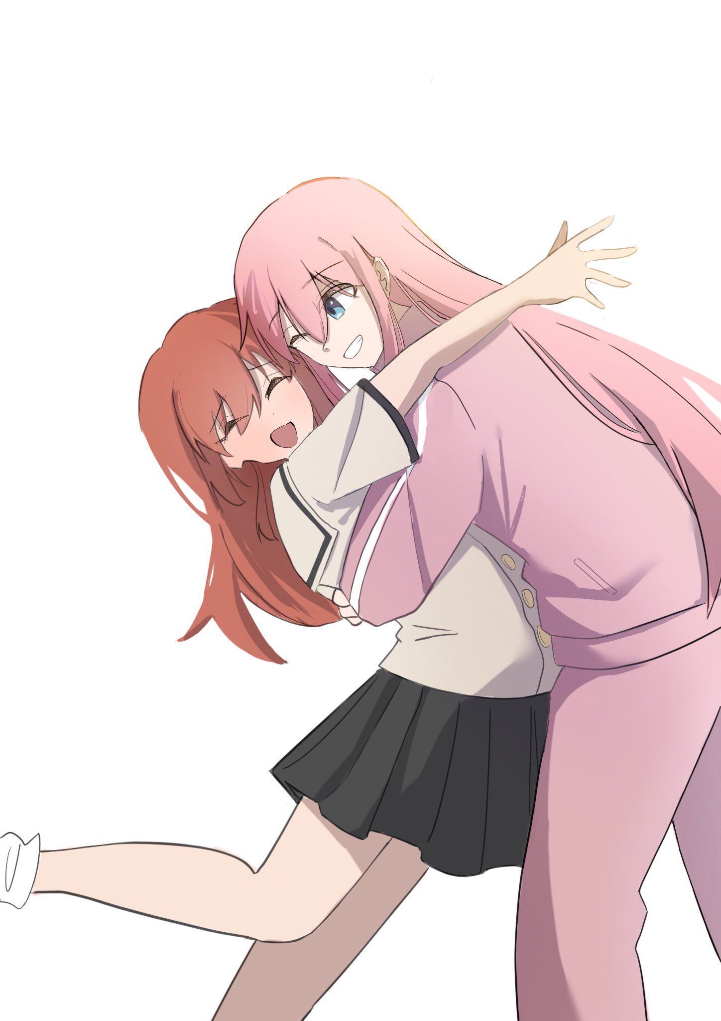 gotoh hitori, kita ikuyo, bocchi the rock!, hashtag-only commentary, highres, 2girls, blue eyes, c3444767, grey skirt, hug, jacket, long hair, multiple girls, one eye closed, pants, pink hair, pink jacket, pink pants, pink track suit, red hair, school uniform, shuka high school uniform, side ponytail, simple background, skirt, smile, teeth, track suit, white background, yuri