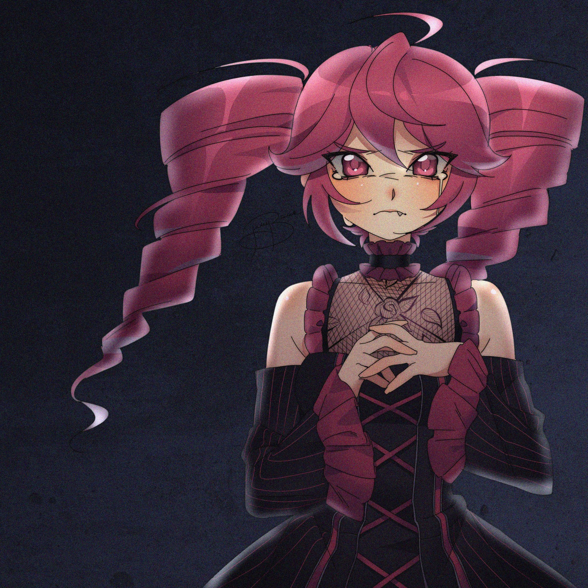 treebarkagain, kasane teto, synthesizer v, utau, commentary, english commentary, highres, 1girl, ahoge, alternate costume, bare shoulders, black background, black dress, choker, closed mouth, detached sleeves, dress, drill hair, fang, frilled choker, frilled sleeves, frills, long hair, looking at viewer, own hands together, red choker, red eyes, red hair, red trim, say it (synthesizer v), solo, striped clothes, striped dress, tears, twin drills, upper body, wavy mouth