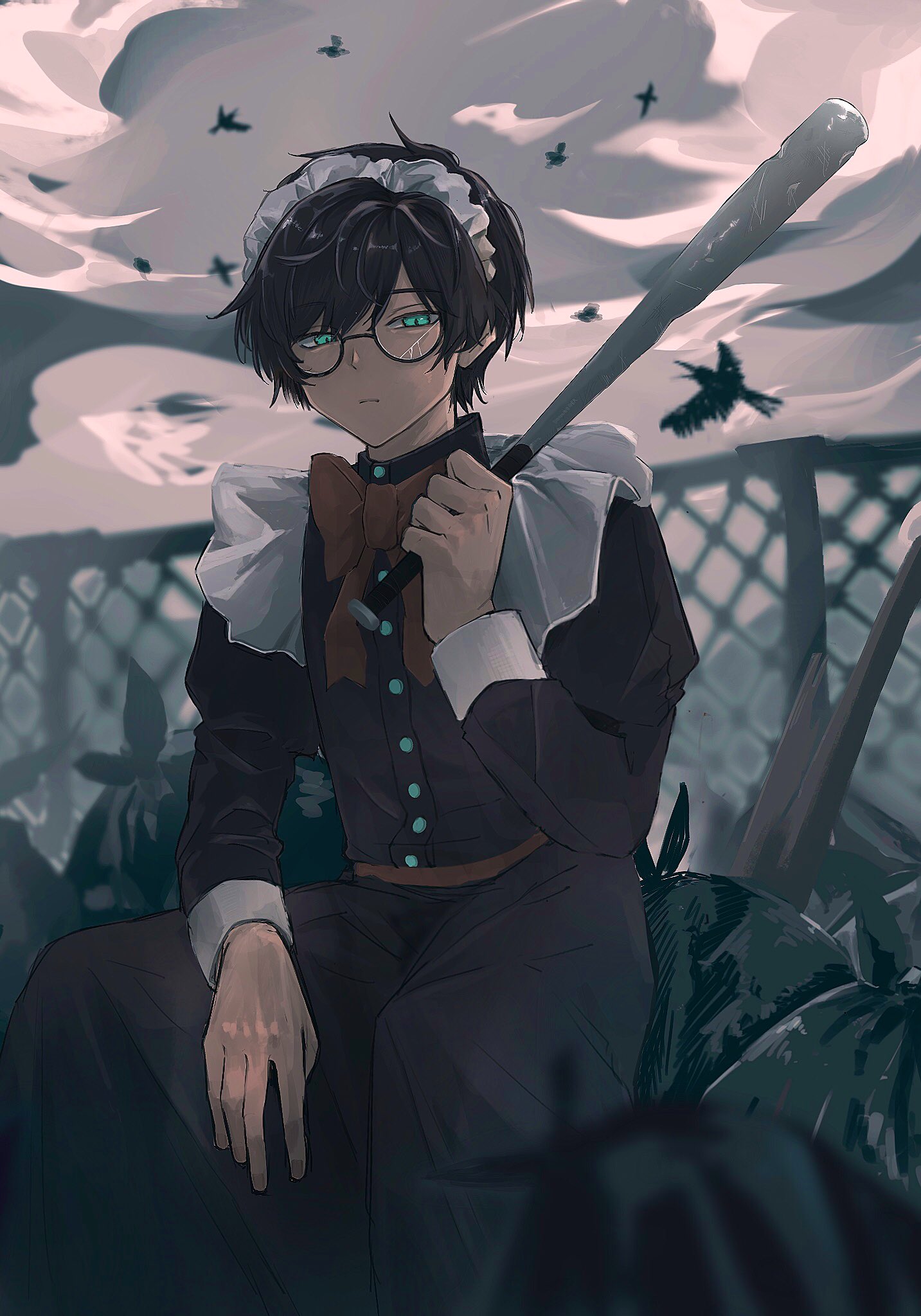 sahi00000, original, commentary request, highres, 1boy, animal, baseball bat, bird, black dress, black hair, bow, bowtie, broken eyewear, brown bow, brown bowtie, closed mouth, cowboy shot, crossdressing, crossdressing (mtf), crow, dress, glasses, green eyes, grey sky, holding, holding baseball bat, long sleeves, looking at viewer, maid, maid headdress, male focus, male maid, outdoors, parted bangs, short hair, sitting, sky, solo