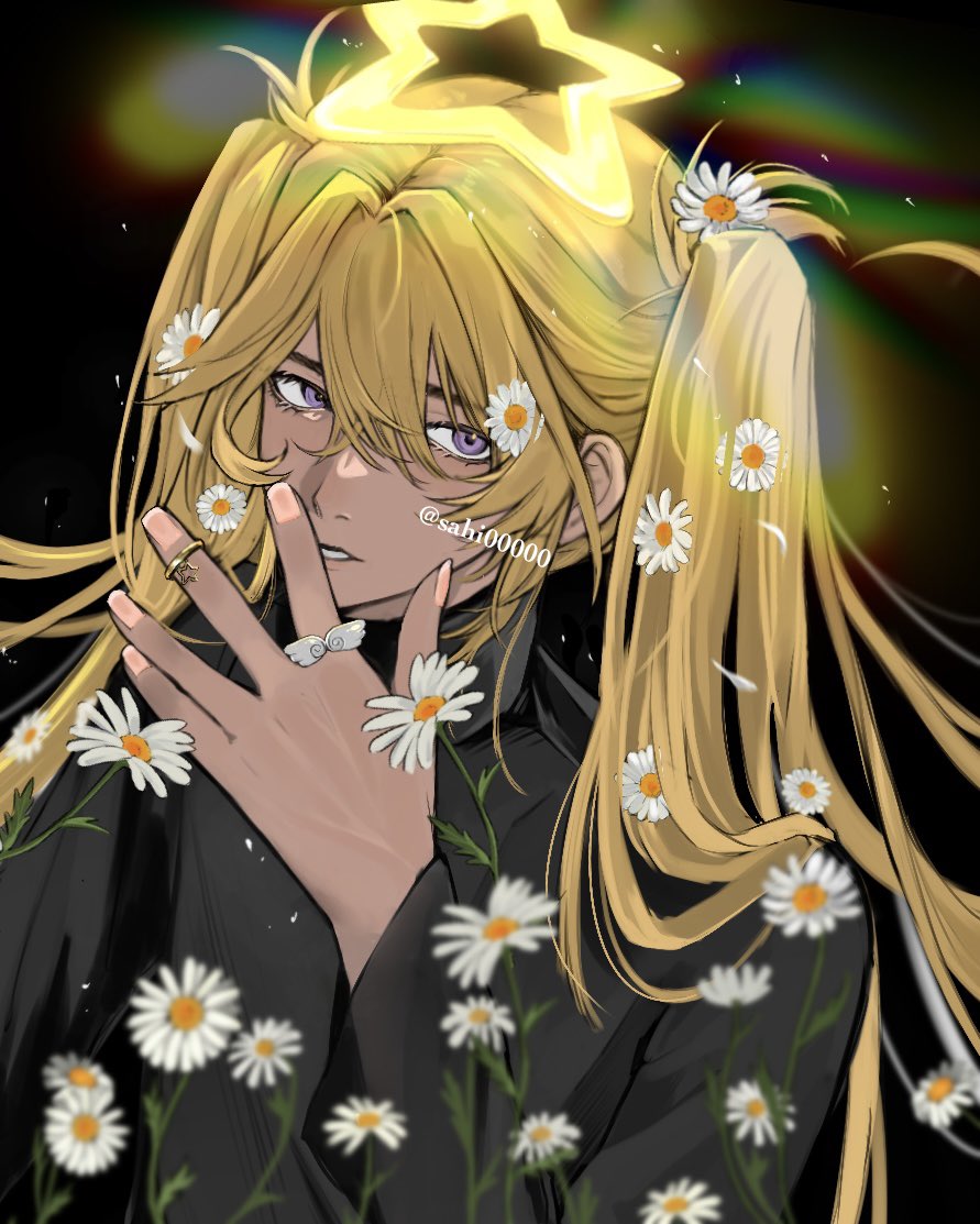 sahi00000, original, commentary request, 1boy, black background, black shirt, blonde hair, daisy (flower), double-parted bangs, flower, hair between eyes, halo, hand up, jewelry, long hair, long sleeves, looking at viewer, male focus, open mouth, purple eyes, ring, shirt, solo, star halo, twintails, upper body, yellow halo