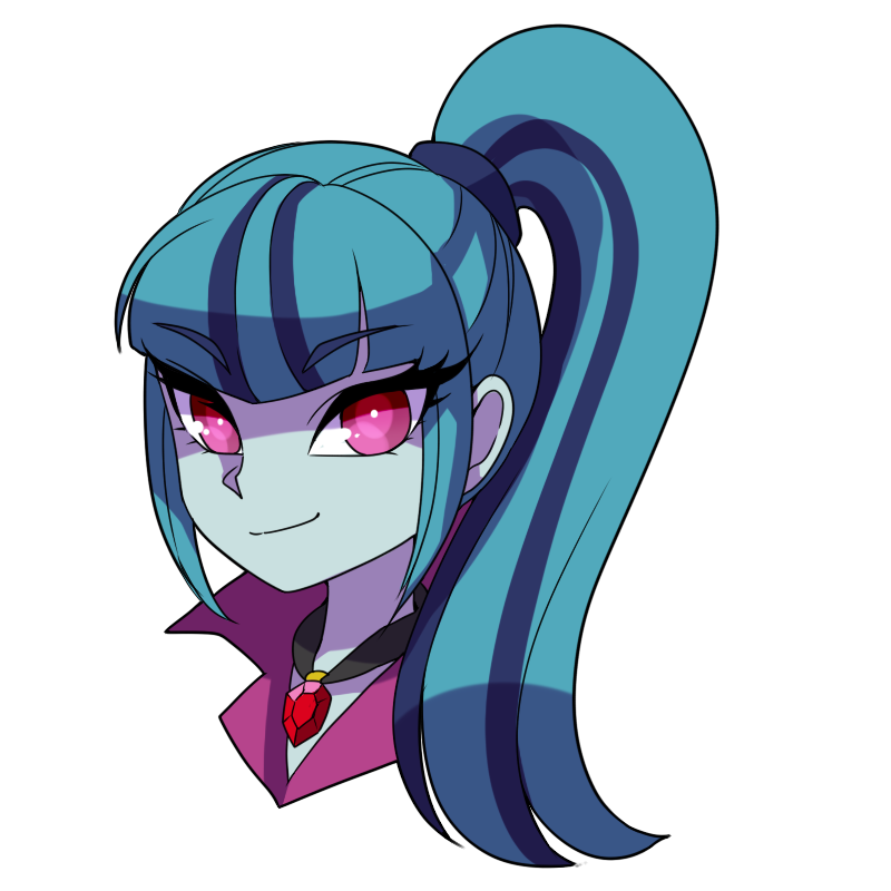 zakro, sonata dusk, sonata dusk (human), my little pony, my little pony: equestria girls, my little pony: friendship is magic, red gem, commentary request, 1girl, animification, blue hair, blue skin, colored skin, cropped head, gem, high ponytail, jewelry, long hair, looking at viewer, multicolored hair, necklace, pink eyes, ponytail, simple background, smile, solo, streaked hair, white background