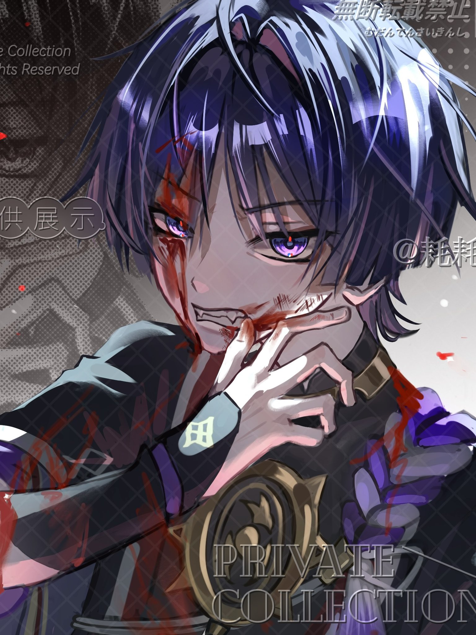 scaramouche (genshin impact), genshin impact, commentary request, cropped, highres, 1boy, armor, black kimono, black sleeves, blah haohao, blood, blood from mouth, blood in hair, blood on face, blunt ends, clenched teeth, eyelashes, eyeliner, fingernails, gold, grey background, hair intakes, hand up, japanese armor, japanese clothes, jewelry, juban, kimono, kote, kurokote, layered sleeves, makeup, male focus, mandarin collar, mitsudomoe (shape), monochrome background, neck ring, open clothes, open kimono, port, purple eyes, purple rope, purple sleeves, red eyeliner, red kimono, rope, shimenawa, short sleeves, solo, tassel, teeth, tomoe (symbol), tsurime, uneven eyes, watermark, watermark grid, white kimono, white rope, wispy bangs, zoom layer