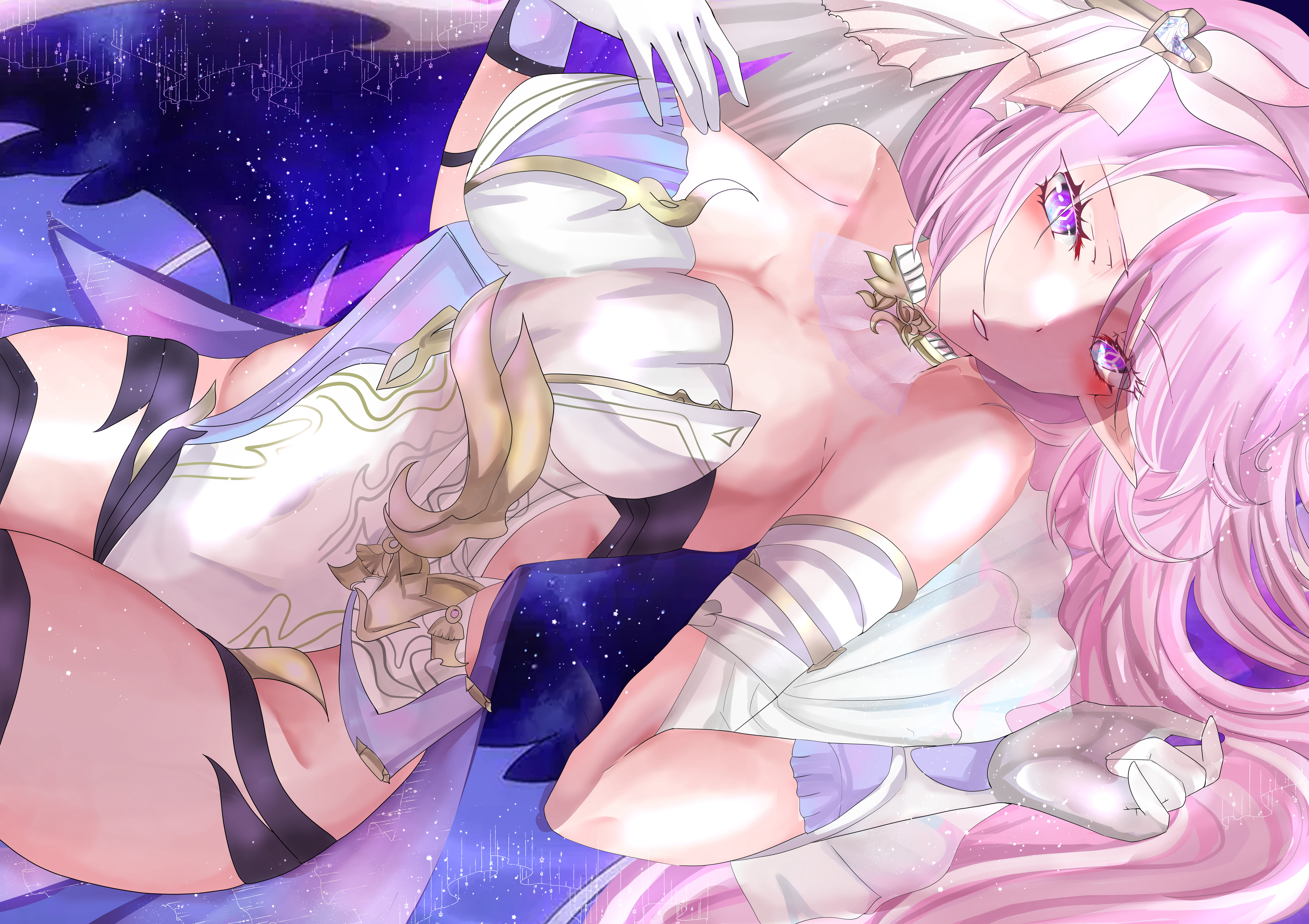 kuroshiro030, elysia (herrscher of human: ego) (honkai impact), elysia (honkai impact), honkai (series), honkai impact 3rd, absurdres, commentary, english commentary, highres, 1girl, black shorts, breasts, cleavage, diamond-shaped pupils, diamond (shape), elf, gloves, large breasts, leotard, long hair, micro shorts, parted lips, pink hair, pointy ears, purple eyes, shorts, sky, solo, star (sky), starry sky, symbol-shaped pupils, thighs, veil, very long hair, white gloves, white leotard, white veil