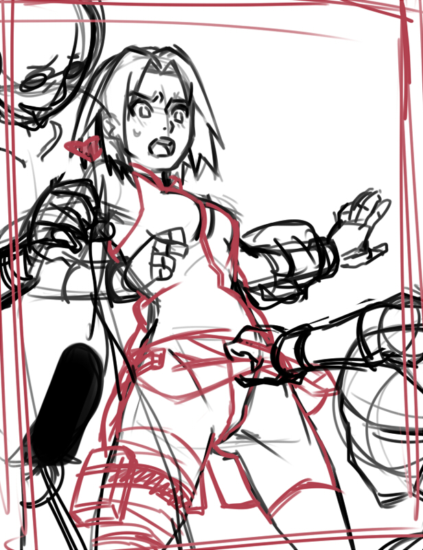 kyosu, haruno sakura, naruto (classic), naruto (series), unfinished, monochrome, restrained, short hair, sketch, standing, sweat