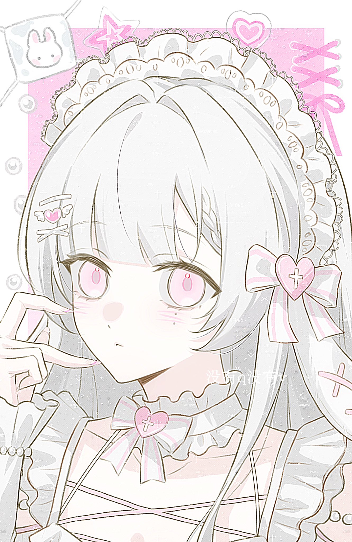 genshin impact, original, artist request, commission, highres, second-party source, translation request, 1girl, animal print, blunt bangs, border, bow, bowtie, braid, braided bangs, chinese text, closed mouth, collar, commissioner insert, cross-laced clothes, cross-laced dress, dress, eyelashes, eyepatch, fingernails, frilled collar, frilled hairband, frilled sleeves, frills, hair bow, hair intakes, hair ornament, hairband, hairclip, hand up, hayami momo (hayamimomo), heart, heart hair ornament, heart ornament, light blush, long hair, pink background, pink eyes, pink nails, pink trim, port, rabbit print, sidelocks, solo, spaghetti strap, star (symbol), striped bow, swept bangs, v, watermark, white border, white bow, white bowtie, white collar, white dress, white hair, white sleeves, x hair ornament