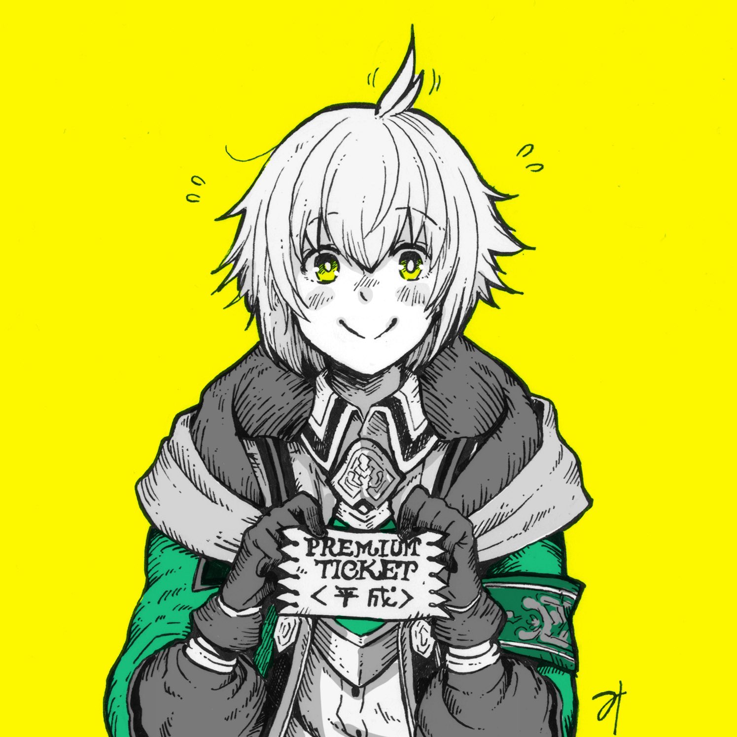 misoshiru umai4, grimms echoes, bad id, bad pixiv id, highres, 1boy, closed mouth, coat, collared shirt, el (grimms echoes), english text, gloves, green coat, hair between eyes, hands up, holding, holding ticket, hood, hooded coat, long sleeves, looking at viewer, male focus, open clothes, open coat, partially colored, puffy long sleeves, puffy sleeves, shirt, short hair, signature, simple background, smile, solo, ticket, upper body, yellow background, yellow eyes