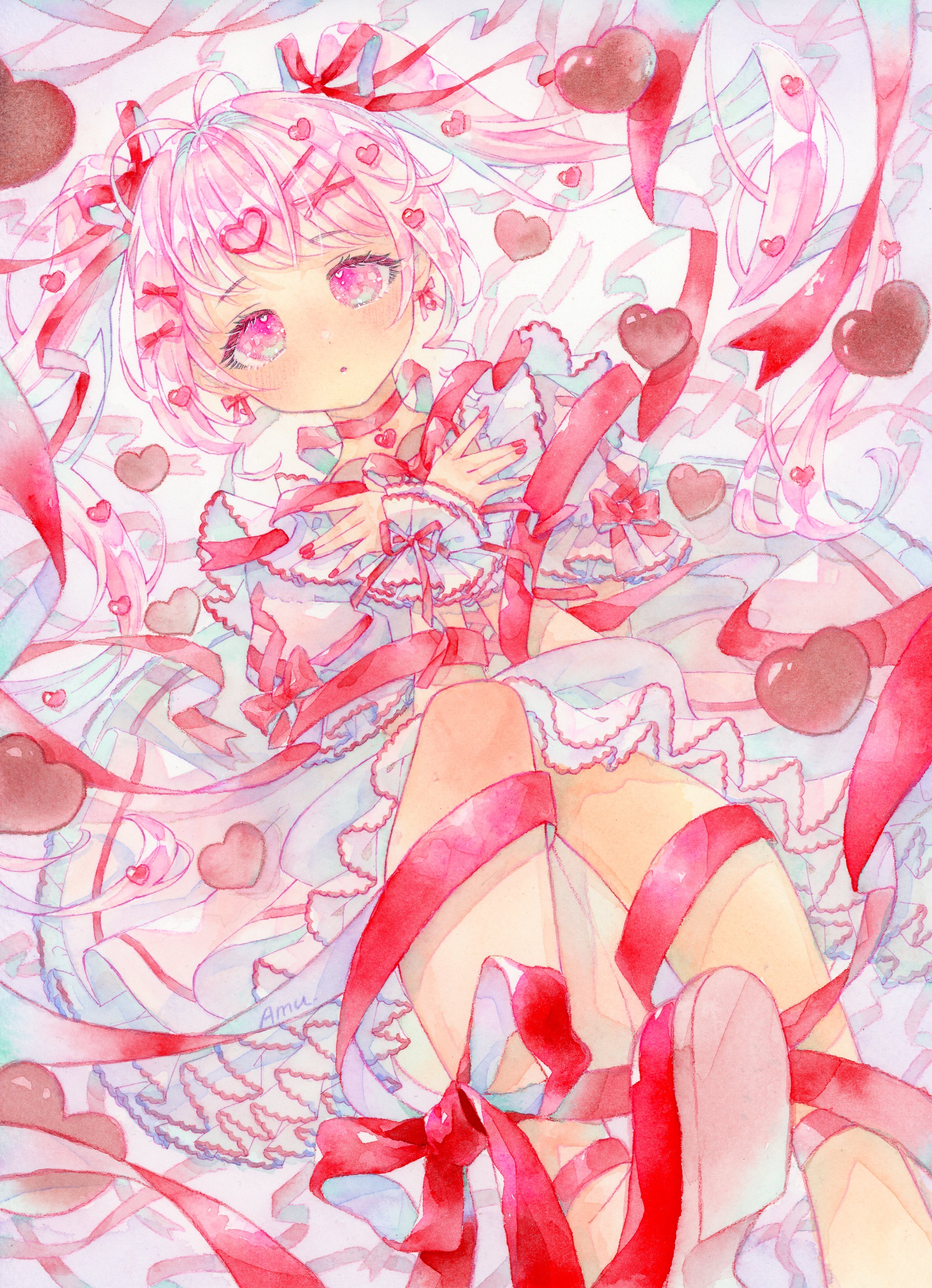 amu (m aa), original, absurdres, highres, painting (medium), traditional media, watercolor (medium), 1girl, antenna hair, artist name, blush, candy, chocolate, chocolate heart, choker, dot nose, dress, food, frilled dress, frills, hair ribbon, heart, heart-shaped food, leg ribbon, looking at viewer, nail polish, own hands together, parted lips, purple eyes, red choker, red nails, red ribbon, red shoes, ribbon, shoes, sidelocks, signature, solo, twintails, valentine, white dress