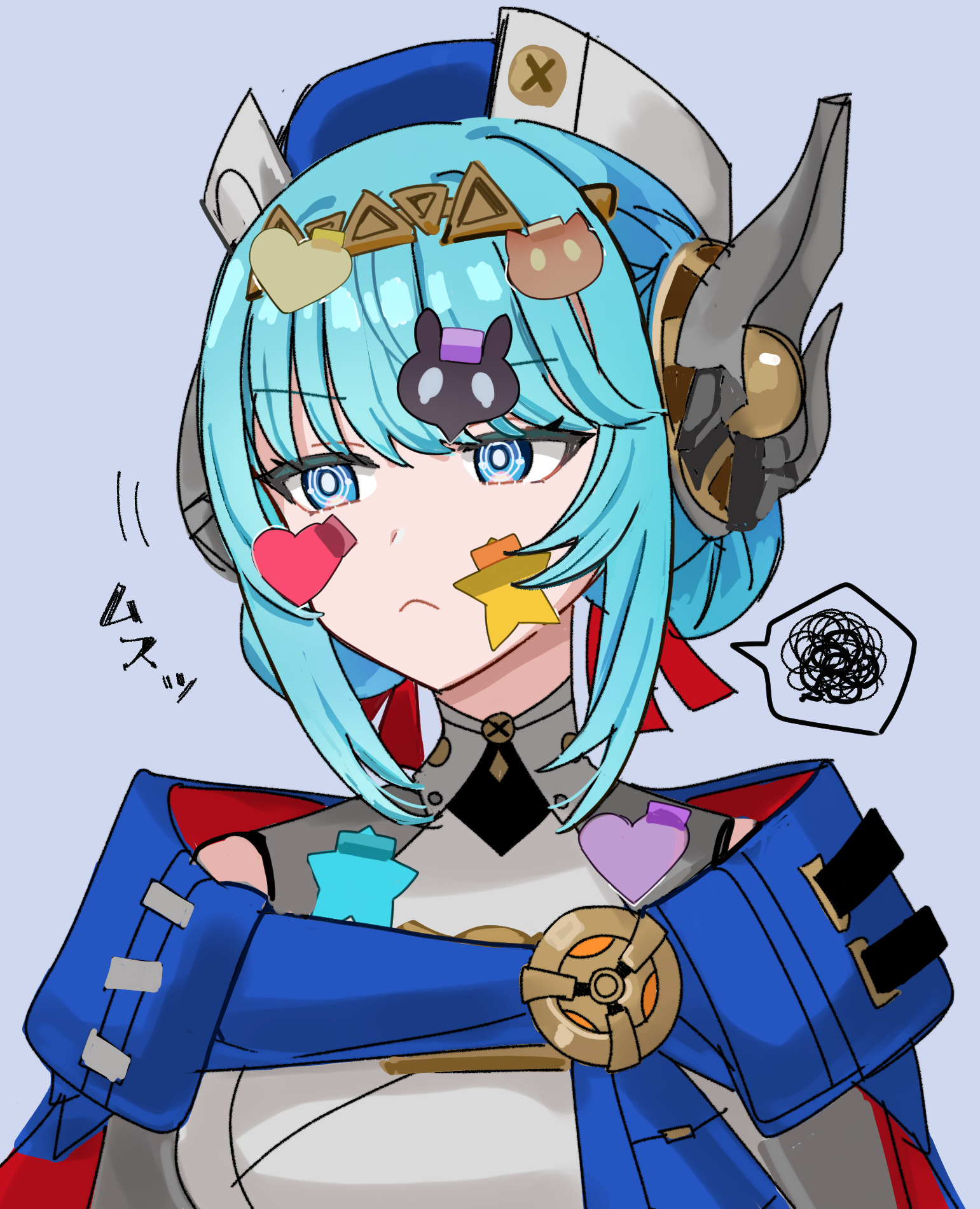kuromu shado, ineffa (genshin impact), genshin impact, commentary request, highres, translation request, 1girl, blue eyes, blue hair, closed mouth, frown, hat, portrait, ringed eyes, scene reference, short hair, simple background, solo, speech bubble, spoken squiggle, squiggle, sticker, sticker on face, upper body