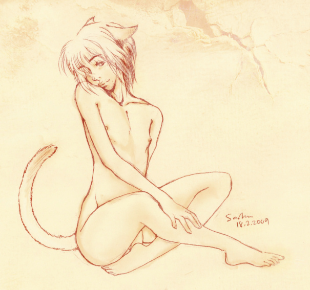 original, 1boy, animal ears, cat boy, cat ears, cat tail, feet, male focus, monochrome, nipples, nude, pet play, solo, tail, toes