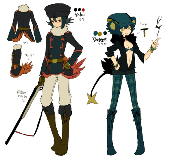 l hakase, honchkrow, luxray, pokemon, uniform, concept art, 1girl, androgynous, animal ears, black hair, blue hair, boots, collar, fur hat, gun, hat, jewelry, open clothes, open shirt, pantyhose, personification, red eyes, shirt, tail, weapon, yellow eyes