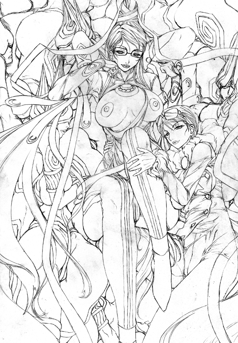 juubaori mashumaro, bayonetta, jeanne (bayonetta), joy (bayonetta), bayonetta (series), bayonetta 1, 6+girls, bodysuit, breasts, candy, cleavage cutout, clothing cutout, female focus, food, glasses, gloves, greyscale, large breasts, lips, lollipop, long hair, monochrome, multiple girls, nipples, short hair, sketch