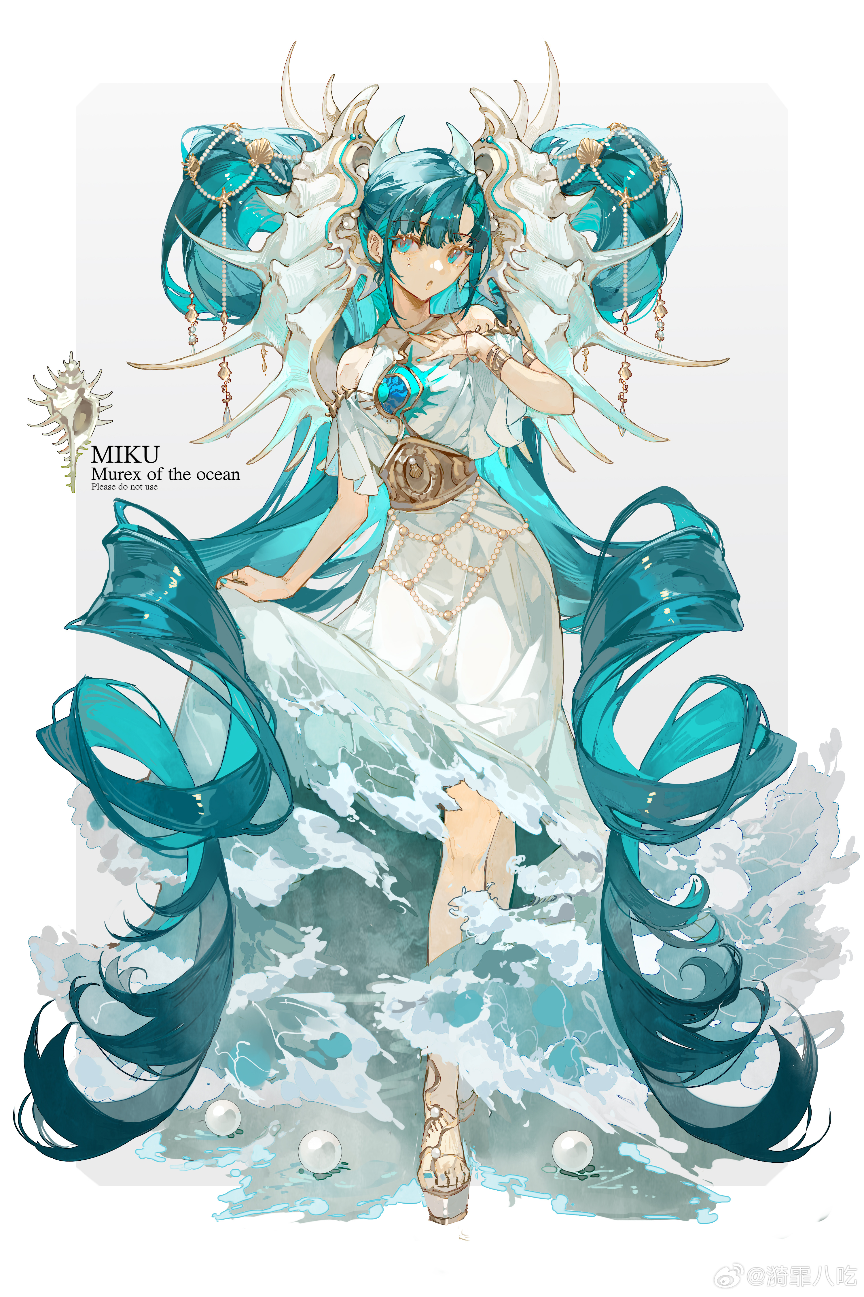 yifei ba chi, hatsune miku, vocaloid, absurdres, chinese commentary, commentary request, highres, absurdly long hair, artist name, belt, bracelet, crystal, dress, drill hair, english text, fingernails, gem, gradient clothes, gradient dress, green eyes, green hair, green nails, grey background, hair ornament, hand on own chest, horns, jewelry, legs, long hair, looking to the side, open mouth, pearl (gemstone), pearl bracelet, pearl clan outfit, pearl hair ornament, ring, sandals, seashell, shell, shell hair ornament, simple background, skirt hold, spikes, thigh strap, thighs, twin drills, very long hair, water, waves, white background, white dress