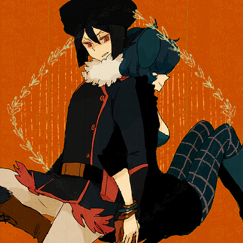 l hakase, honchkrow, luxray, pokemon, lowres, 1girl, androgynous, animal ears, back-to-back, black hair, blue hair, fur hat, hat, personification, red eyes