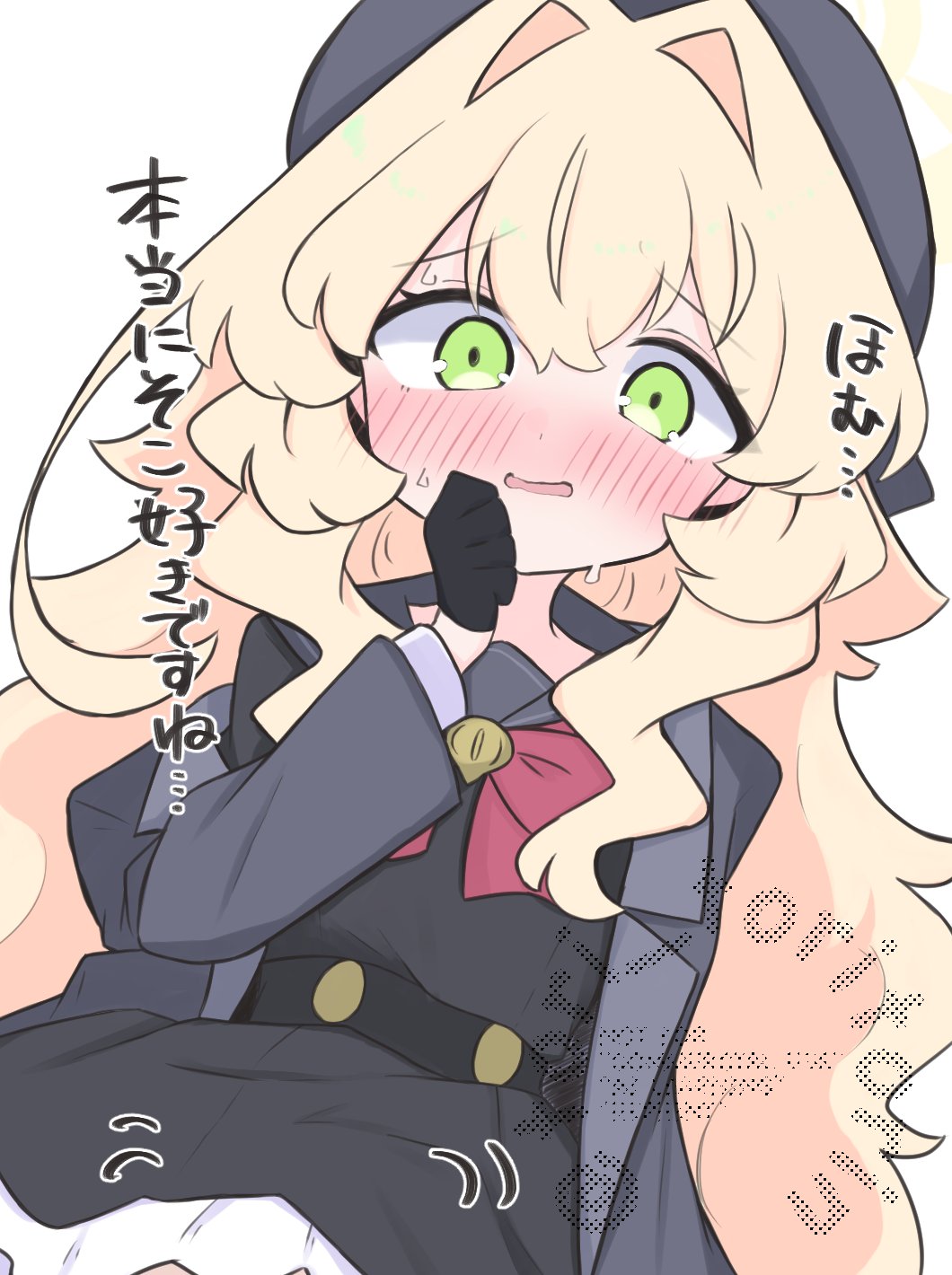 kujou karasuma, professor niyaniya (blue archive), blue archive, commentary request, highres, translation request, 1girl, beret, black gloves, black serafuku, black shirt, black skirt, blonde hair, blush, bow, gloves, green eyes, grey hat, grey jacket, grey sailor collar, hair between eyes, hair intakes, half gloves, halo, hand up, hat, jacket, long hair, long sleeves, looking at viewer, motion lines, nose blush, open clothes, open jacket, parted lips, red bow, sailor collar, school uniform, serafuku, shirt, simple background, skirt, solo, sweat, very long hair, watermark, wavy mouth, white background