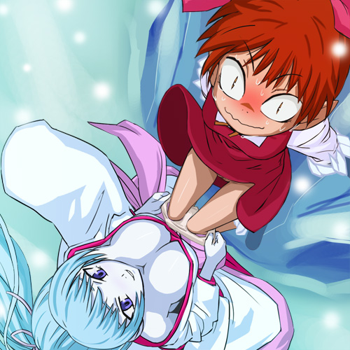 haruyama kazunori, aoi (gegege no kitarou), nekomusume, nekomusume (gegege no kitarou 5), gegege no kitarou, gegege no kitarou 5, toei company, lowres, 2girls, assisted exposure, bdsm, blue eyes, blue hair, blush, bondage, bound, breasts, cleavage, colored skin, downblouse, ice, large breasts, multiple girls, panties, pantsing, panty pull, pussy, pussy peek, red hair, trapped, underwear, undressing, wavy mouth, white panties, white skin, you gonna get raped, yuki onna, yuri