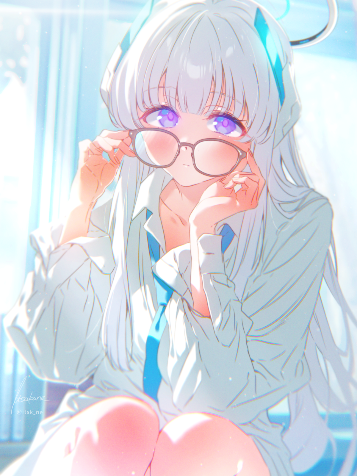 itsk ne, noa (blue archive), blue archive, commentary request, highres, 1girl, blue necktie, blush, borrowed clothes, brown-framed eyewear, dress shirt, fingernails, glasses, grey hair, halo, headgear, indoors, long hair, looking at viewer, loose necktie, necktie, open collar, purple eyes, shirt, sitting, solo, straight hair, very long hair, white shirt