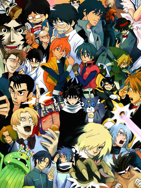 forte, rampage, bass (mega man), gaogaigar, girinma, gouwa yuushirou, hiei, hiyama nobuyuki, jackal kuwahara, joe higashi, ka-kun, kogoro (keroro gunsou), link, madarame harunobu, madarame ikkaku, muruta azrael, senpuuji maito, shiro amada, shishiou gai, veigue lungberg, viral (ttgl), beast wars, bleach, capcom, fatal fury, gasaraki, genshiken, gundam, gundam 08th ms team, gundam seed, keroro gunsou, mega man (classic), mega man (series), moetan, nintendo, precure, snk, tales of (series), tales of rebirth, tengen toppa gurren lagann, tennis no ouji-sama, the king of fighters, the legend of zelda, transformers, yes! precure 5, yuu yuu hakusho, yuusha ou gaogaigar, yuusha series, yuusha tokkyuu might gaine, character request, copyright request, 00s, 1990s (style), 6+boys, black hair, blonde hair, blue hair, brown hair, crossover, hachimaki, headband, long hair, male focus, multiple boys, open mouth, retro artstyle, short hair, spiked hair, voice actor, voice actor connection